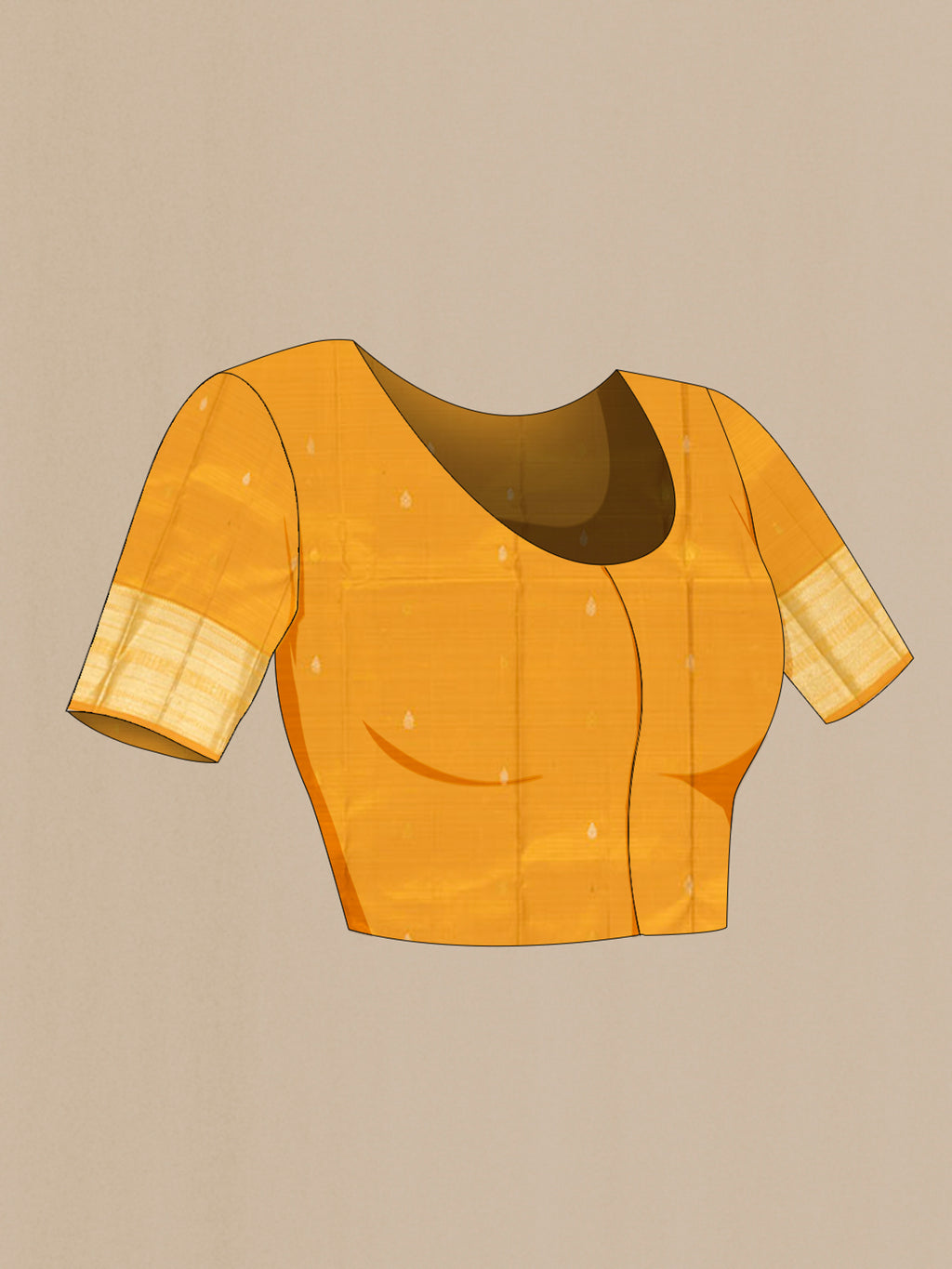 Close up image of the blouse of Pure Silk Mustard Kanchipuram Saree with Zari Butta on the body and Silk Border. 
