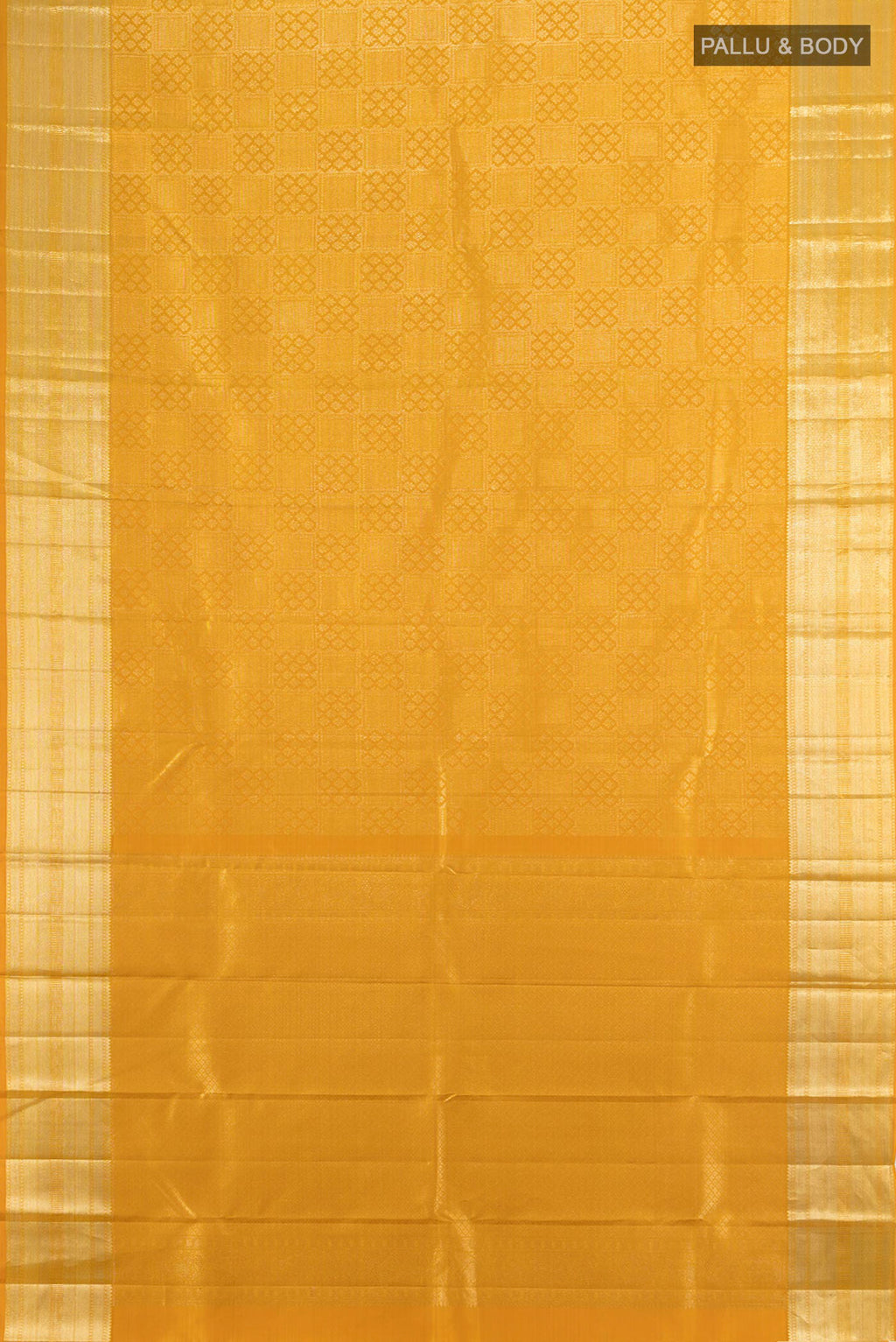 Flat view of Pure Silk Mustard Kanchipuram Saree with Zari Butta on the body and Silk Border. 