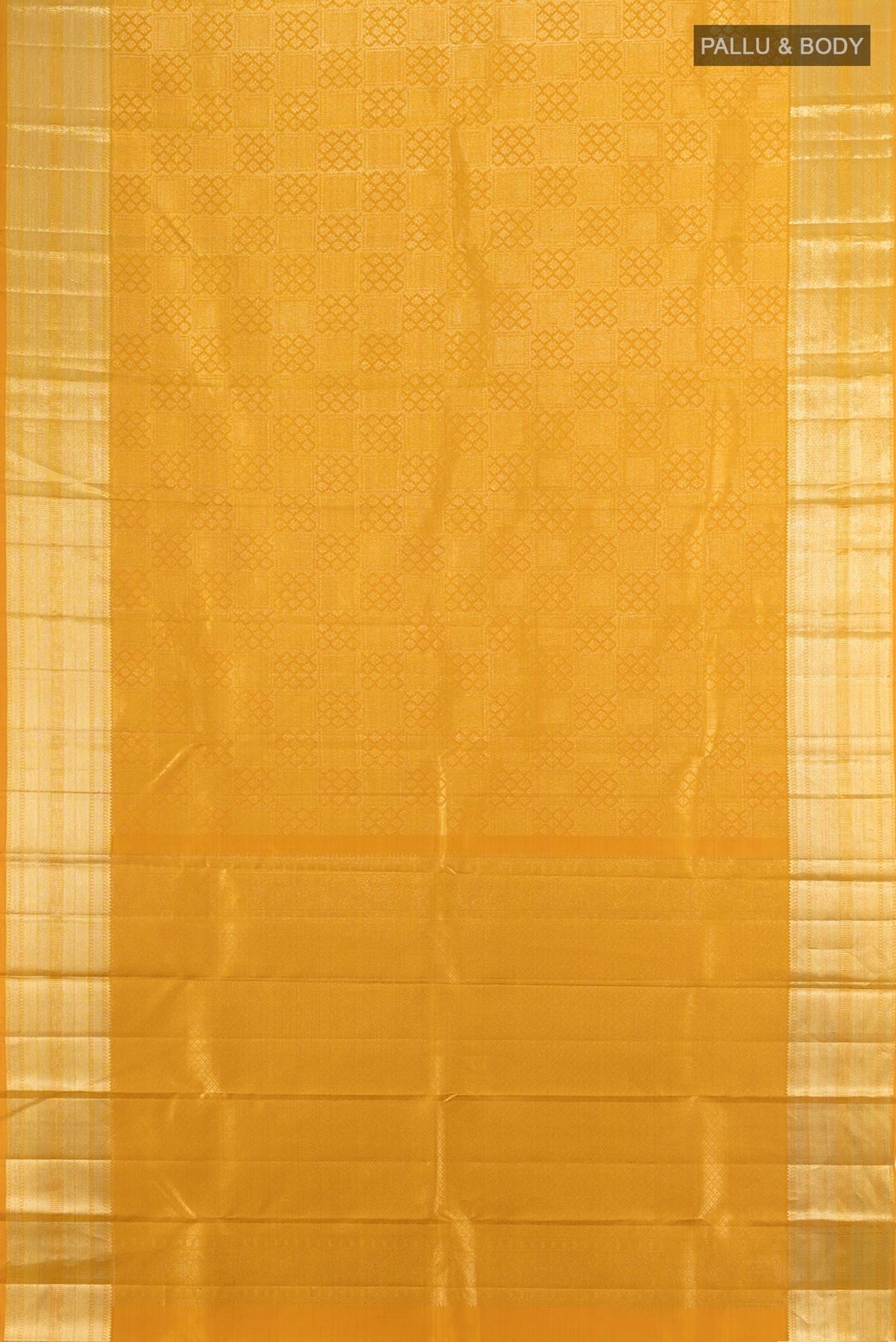 Flat view of Pure Silk Mustard Kanchipuram Saree with Zari Butta on the body and Silk Border. 