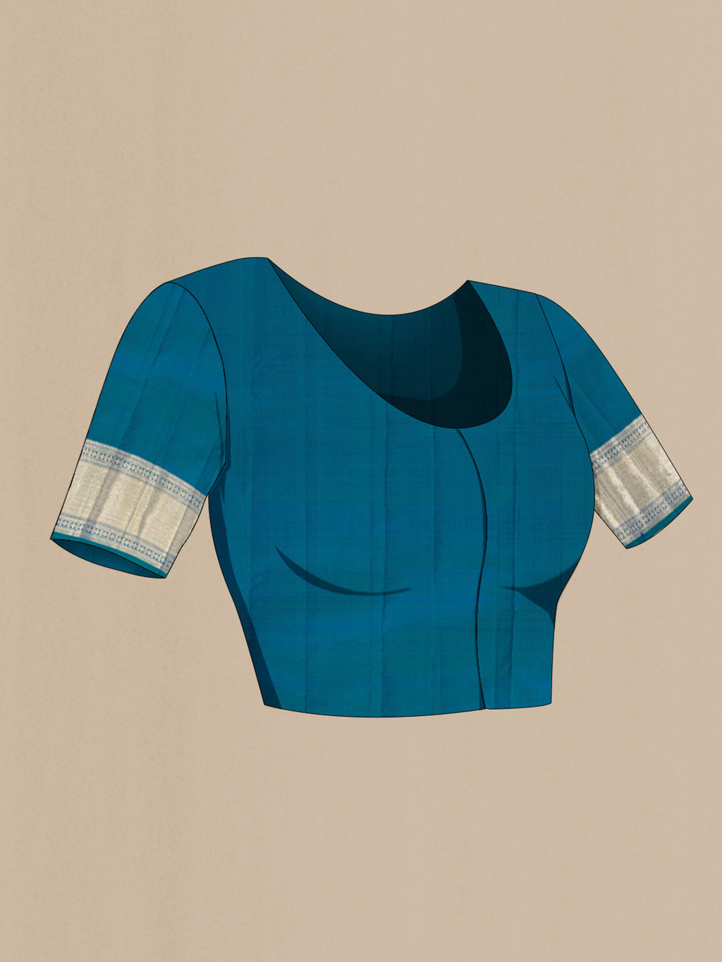 Close up image of the blouse of Pure Silk Pure Zari Peacock Blue Kanchipuram Saree with Checked design on the body and Zari Border. 
