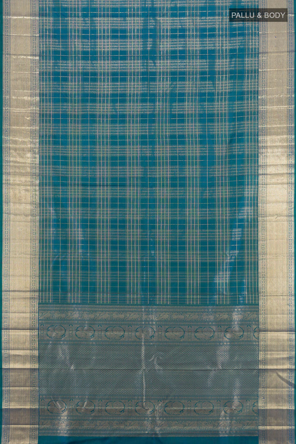 Flat view of Pure Silk Pure Zari Peacock Blue Kanchipuram Saree with Checked design on the body and Zari Border. 