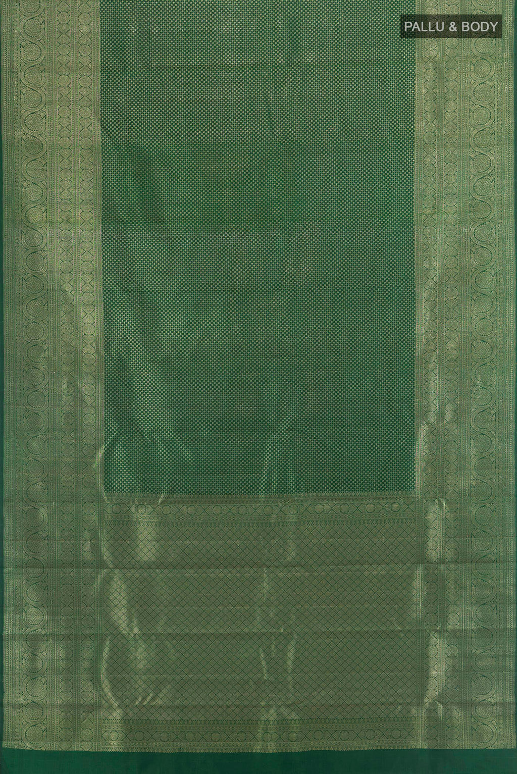 Flat view of Pure Silk Bottle Green Kanchipuram Saree with Zari Brocade on the body and Zari Border. 