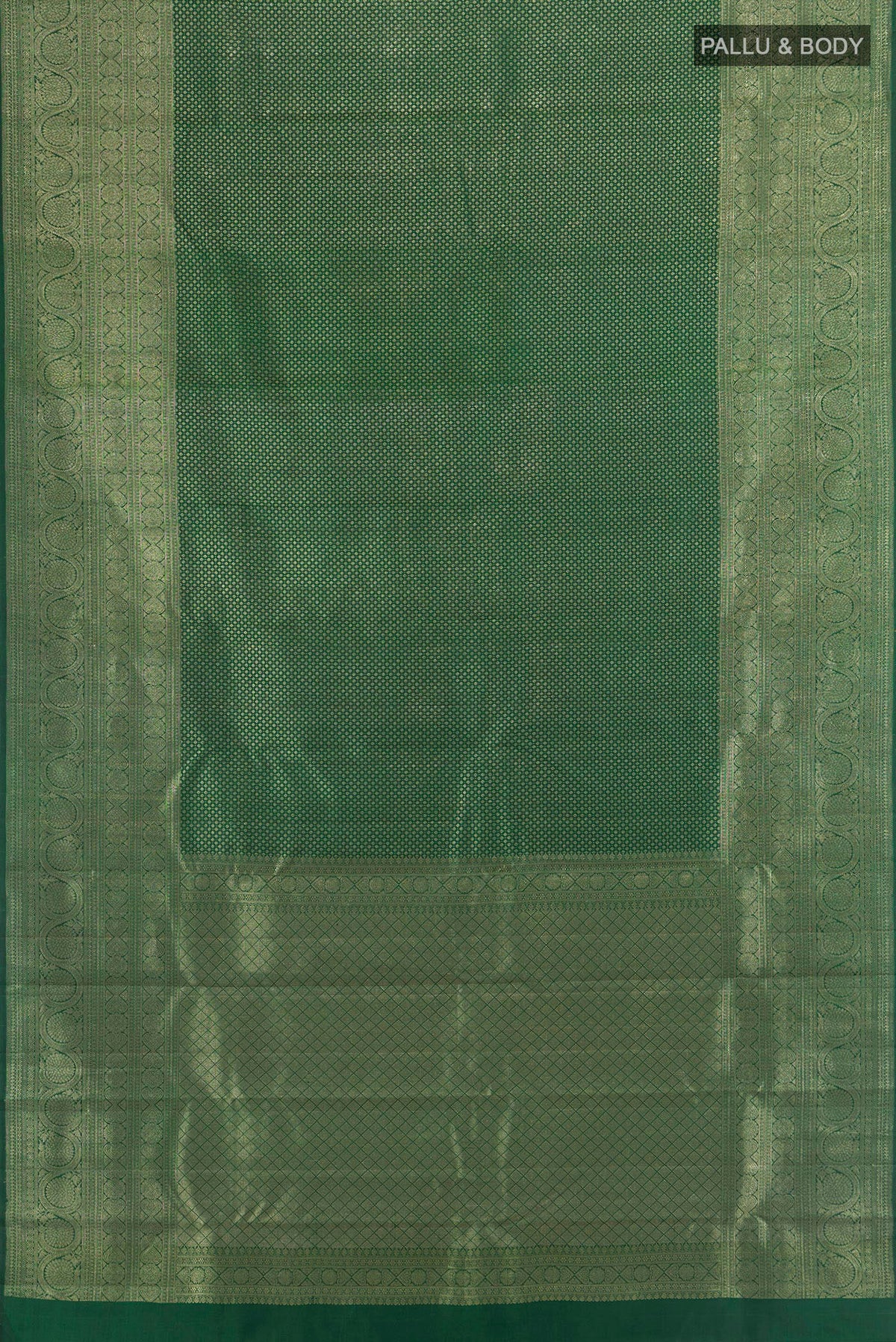 Flat view of Pure Silk Bottle Green Kanchipuram Saree with Zari Brocade on the body and Zari Border. 