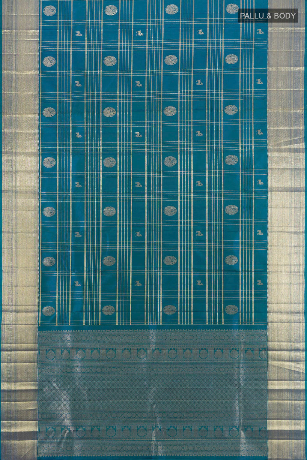 Flat view of Pure Silk Peacock Blue Kanchipuram Saree with Checked design on the body and Zari Border. 