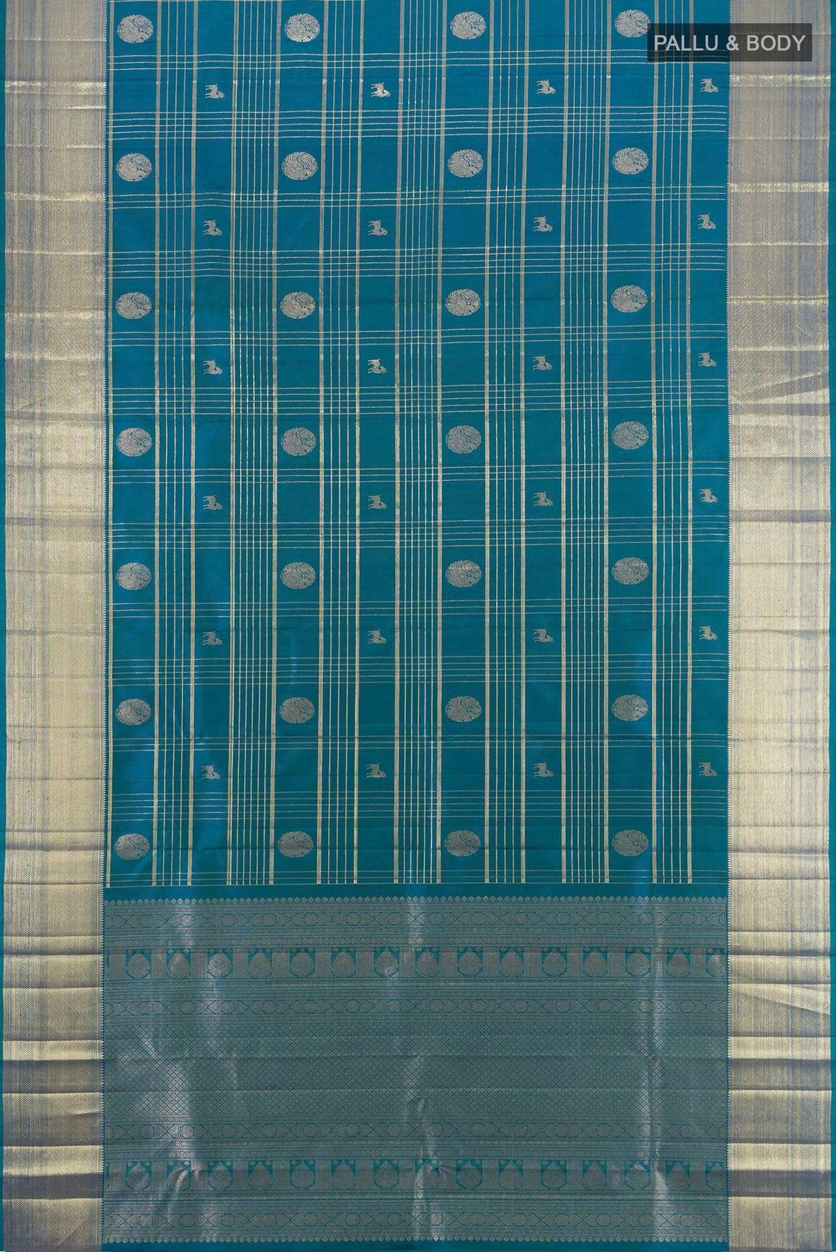 Flat view of Pure Silk Peacock Blue Kanchipuram Saree with Checked design on the body and Zari Border. 