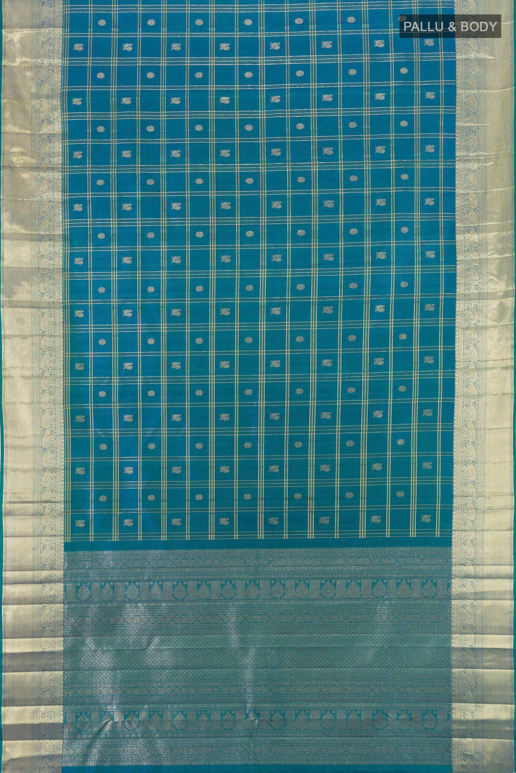 Flat view of Peacock Blue Kanchipuram Silk Saree with Checked design on the body and Zari Border. 