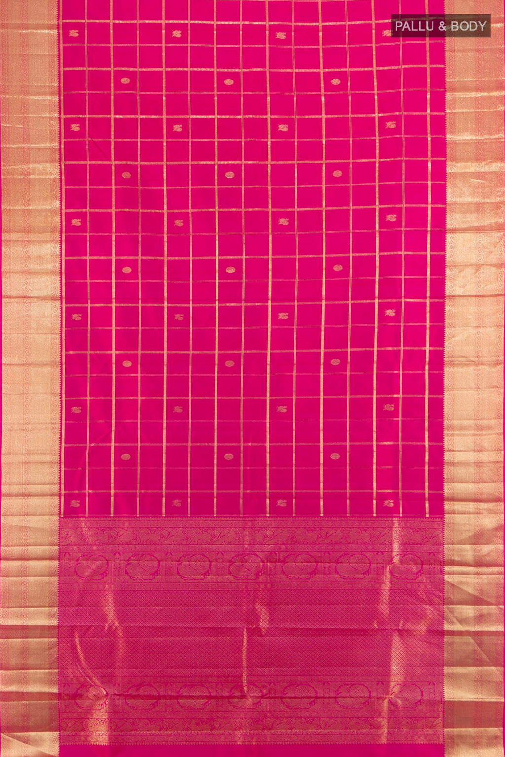 Flat view of Pure Silk Rani Pink Kanchipuram Saree with Zari Butta on the body and Silk Border. 
