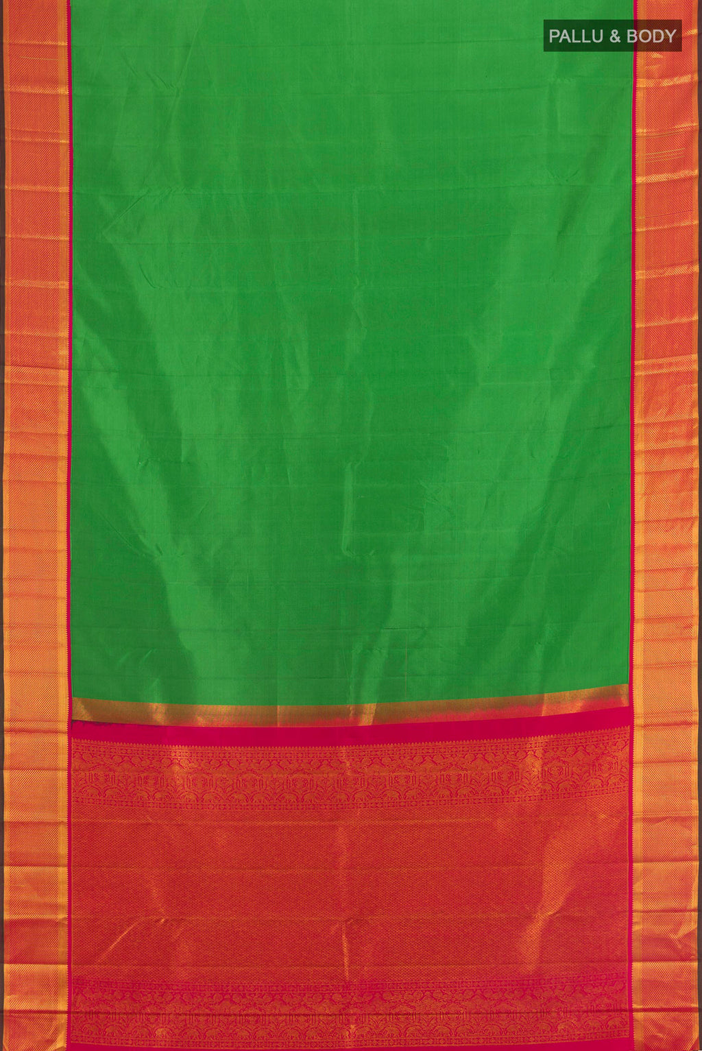 Flat view of Green Kanchipuram Silk Saree with Plain Body and Zari Border. 