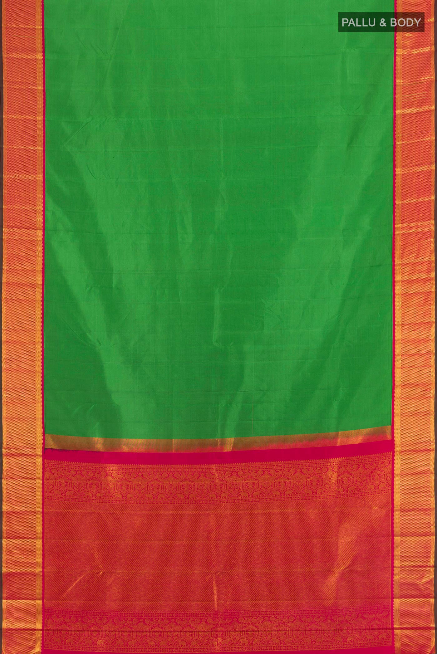 Flat view of Green Kanchipuram Silk Saree with Plain Body and Zari Border. 