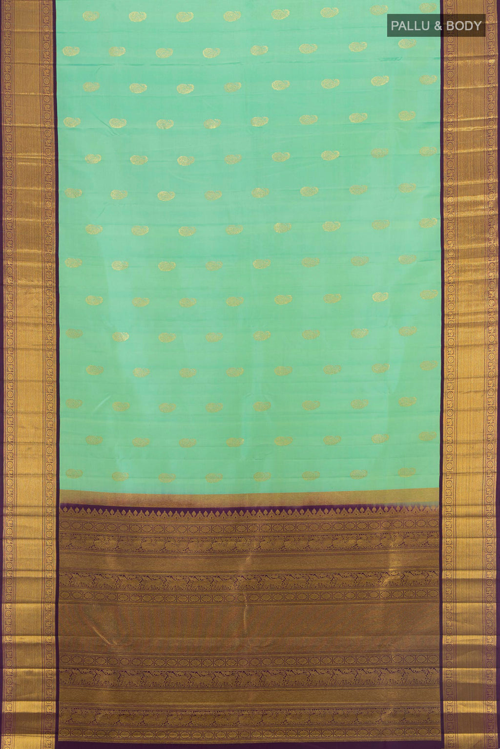 Flat view of Sea Green Kanjivaram Silk Saree with Zari Butta on the body and Zari Border. 