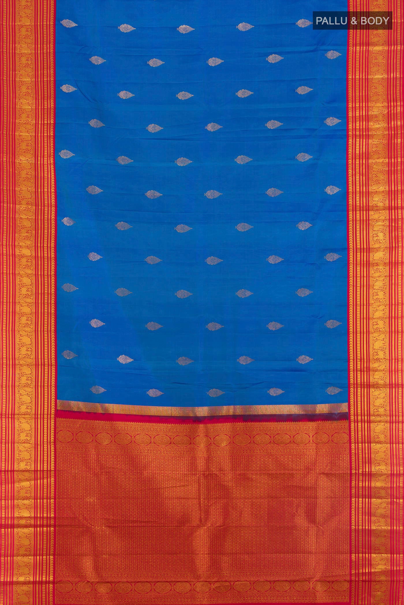 Flat view of Royal Blue Kanjivaram Silk Saree with Zari Butta on the body and Zari Border. 