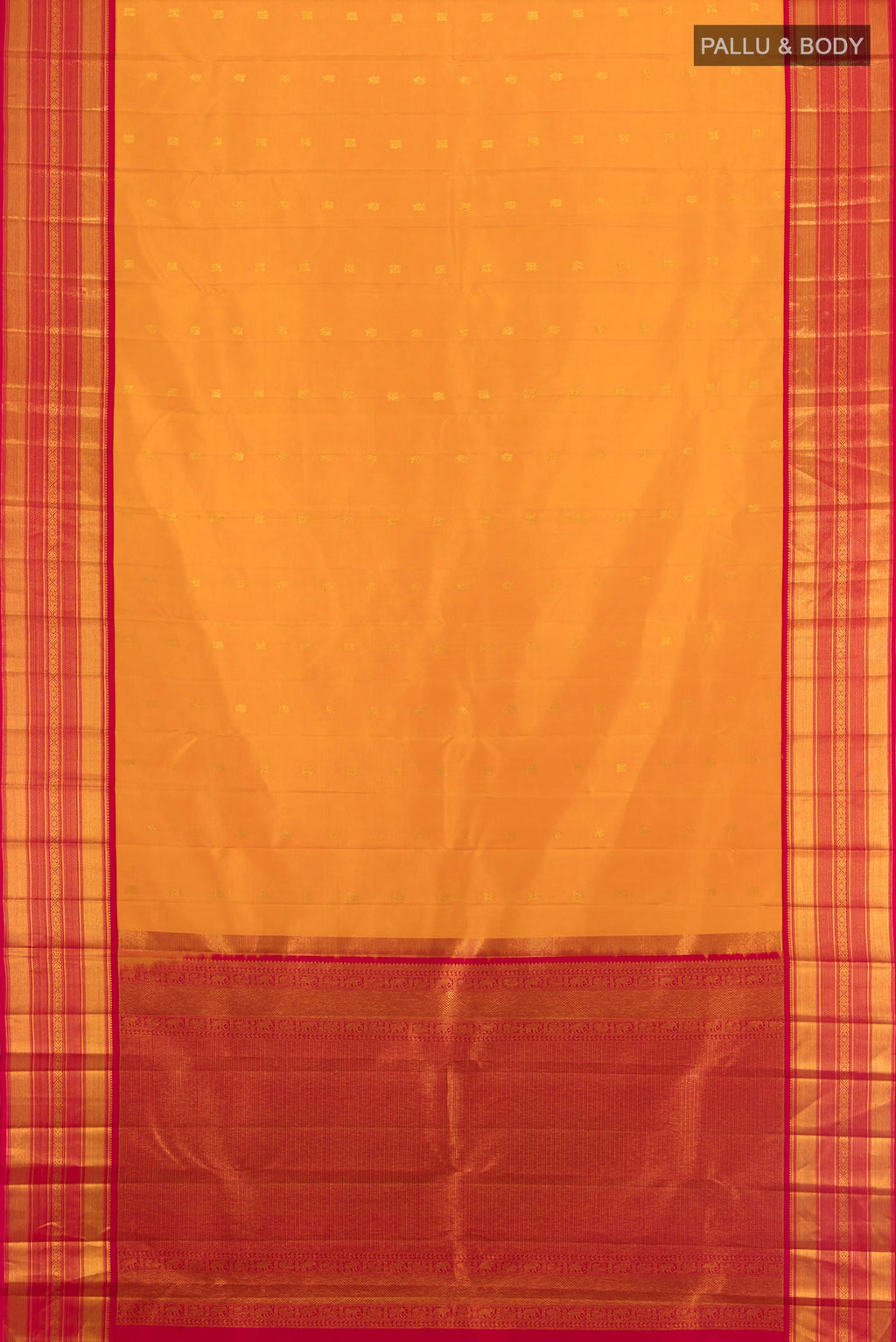 Flat view of Mustard Kanjivaram Silk Saree with Zari Butta on the body and Zari Border. 
