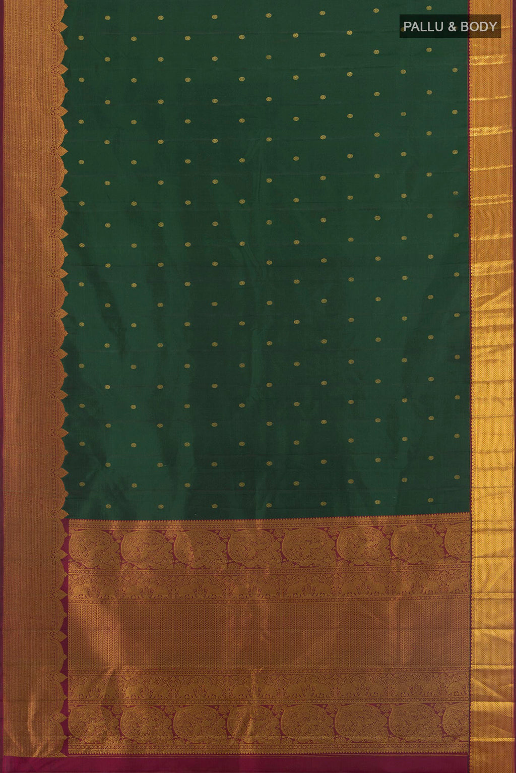 Flat view of Bottle Green Kanjivaram Silk Saree with Zari Butta on the body and Fancy Border. 