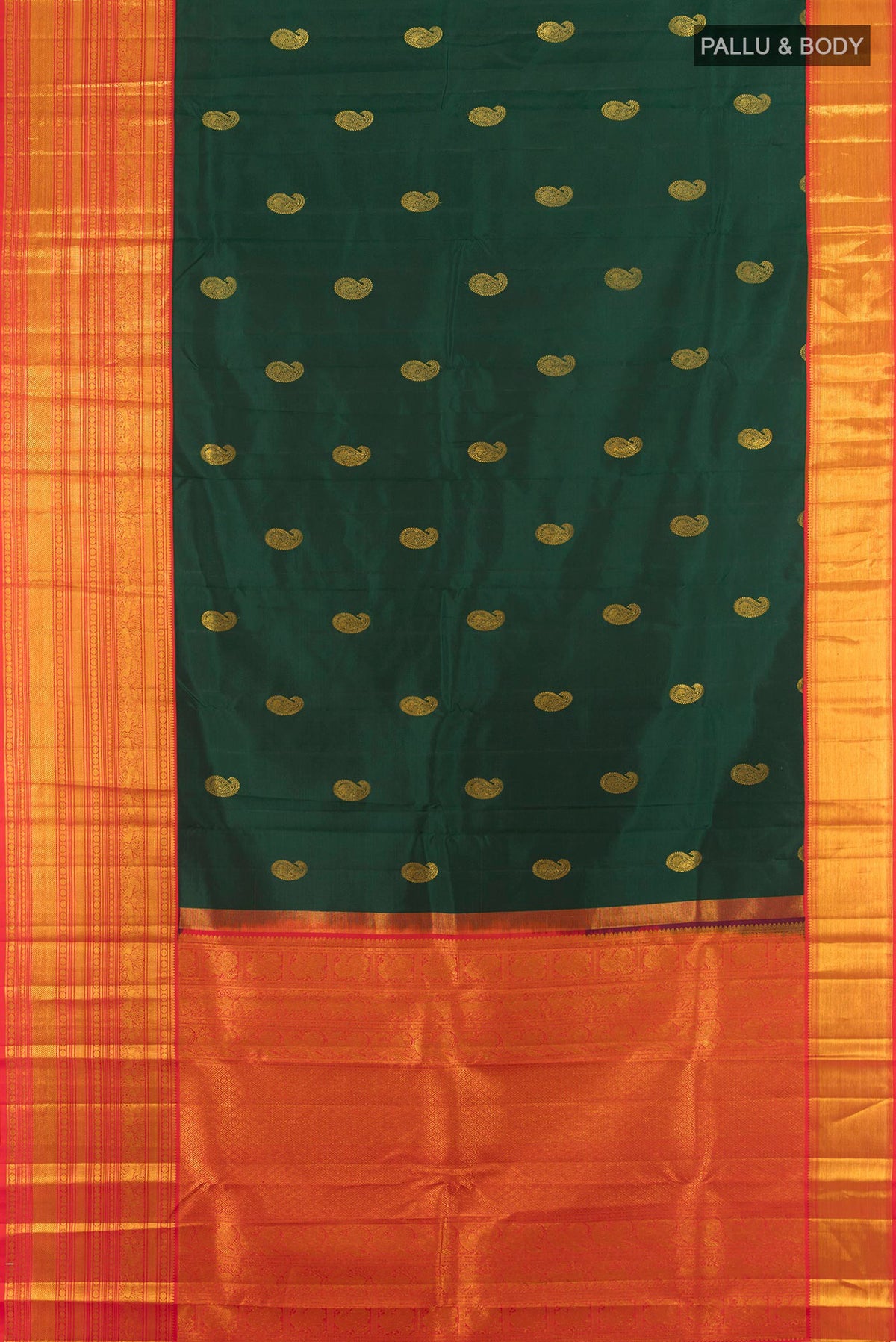 Flat view of Pure Silk Bottle Green Kanjivaram Saree with Zari Butta on the body and Zari Border. 