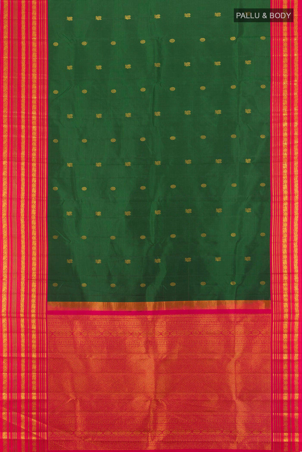 Flat view of Bottle Green Kanjivaram Silk Saree with Zari Butta on the body and Zari Border. 