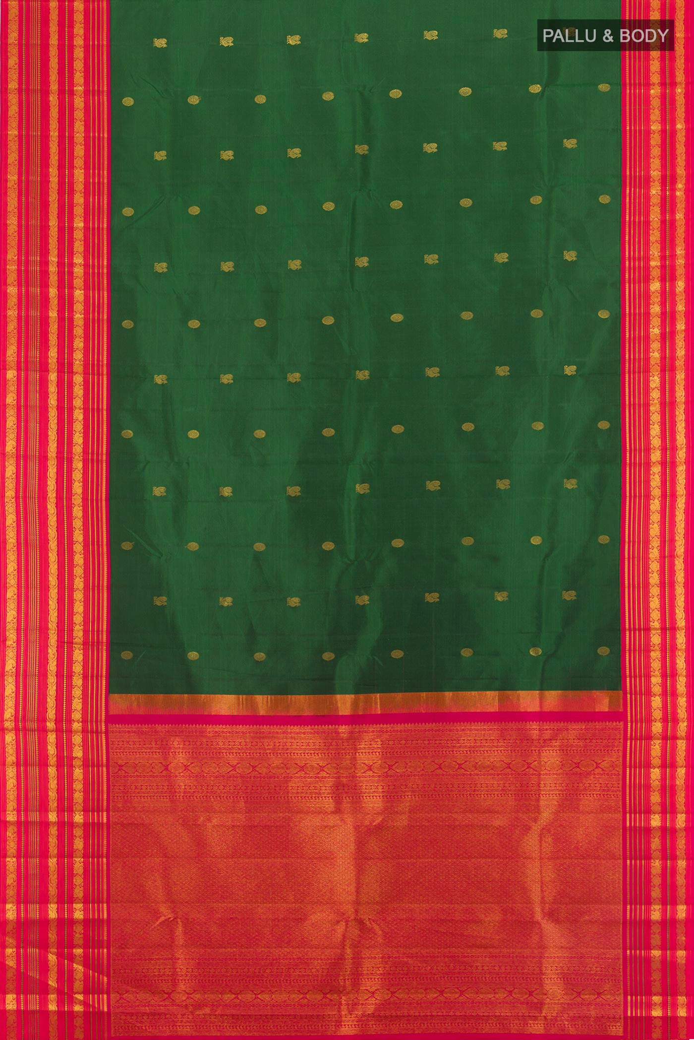 Flat view of Bottle Green Kanjivaram Silk Saree with Zari Butta on the body and Zari Border. 
