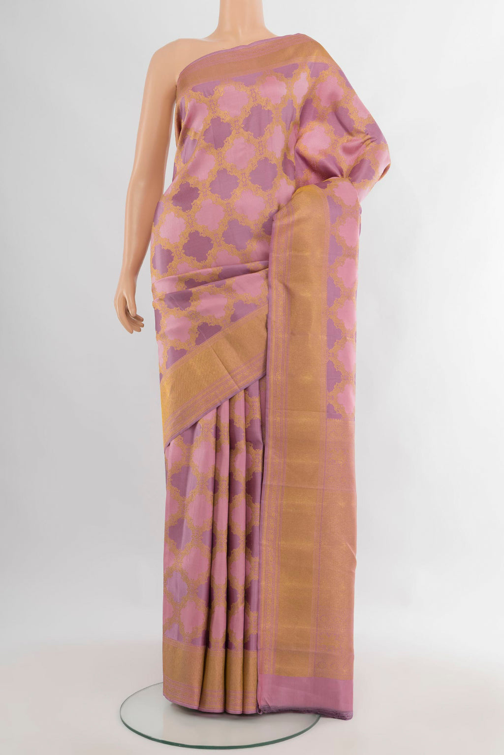 Pure Silk Multi Color Kanjivaram Saree with Zari Butta on the body and Zari Border.  displayed on a mannequin