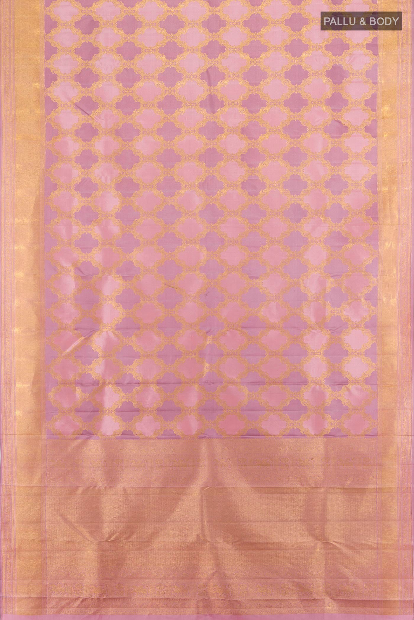 Flat view of Pure Silk Multi Color Kanjivaram Saree with Zari Butta on the body and Zari Border. 