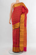 Dark Pink Kanjivaram Silk Saree with Zari Brocade on the body and Zari Border.  displayed on a mannequin