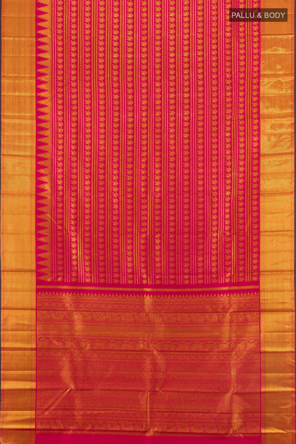 Flat view of Dark Pink Kanjivaram Silk Saree with Zari Brocade on the body and Zari Border. 