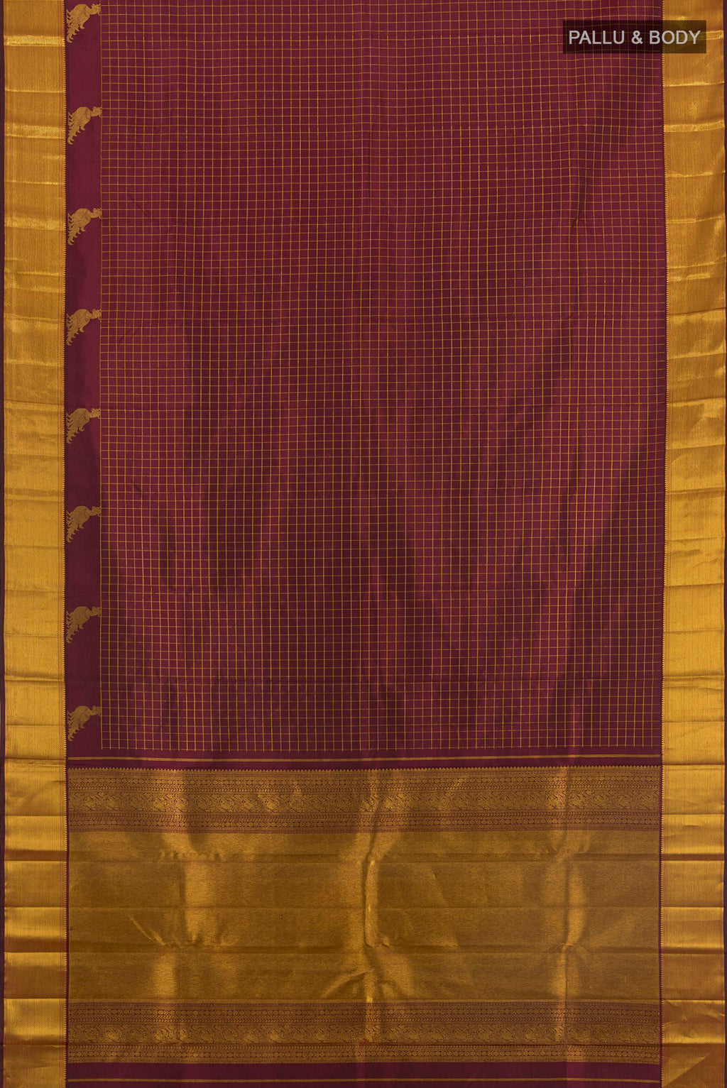 Flat view of Maroon Kanchipuram Silk Saree with Checked design on the body and Zari Border. 