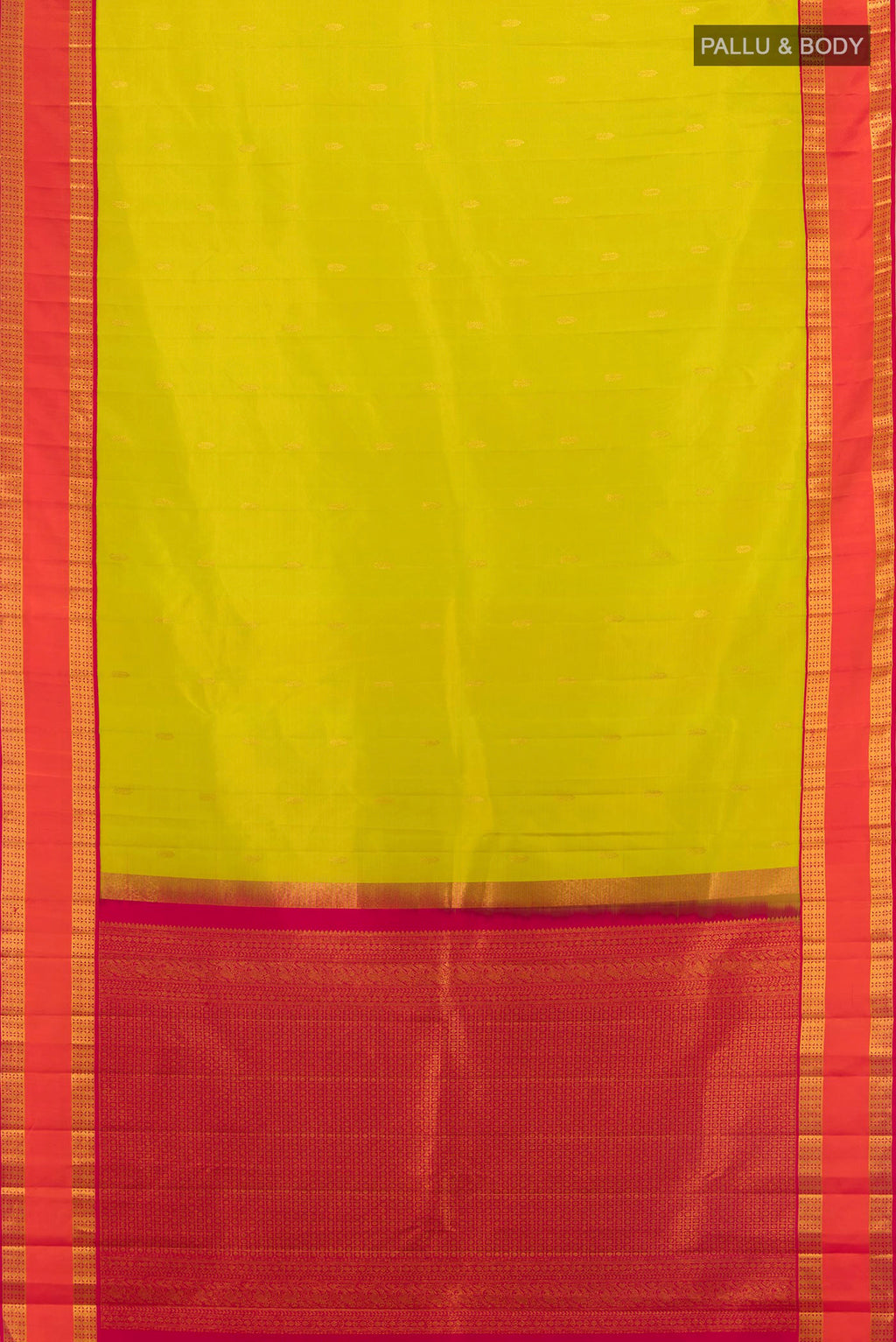Flat view of Light Green Kanchipuram Silk Saree with Zari Butta on the body and Zari Border. 