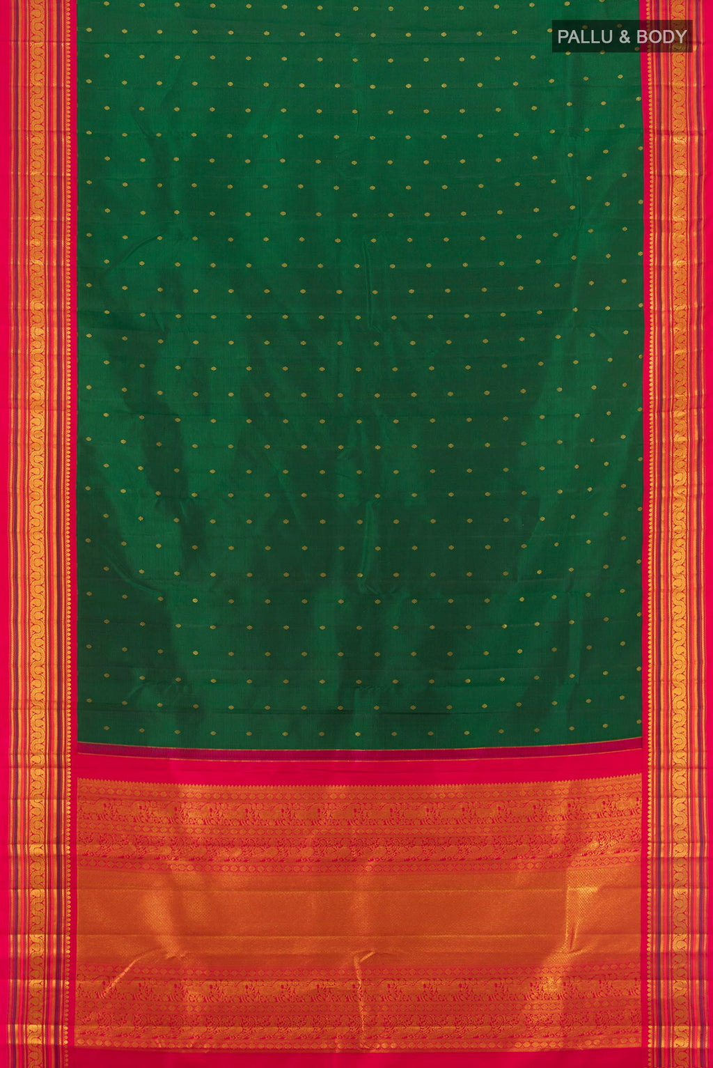 Flat view of Bottle Green Kanchipuram Silk Saree with Zari Butta on the body and Zari Border. 