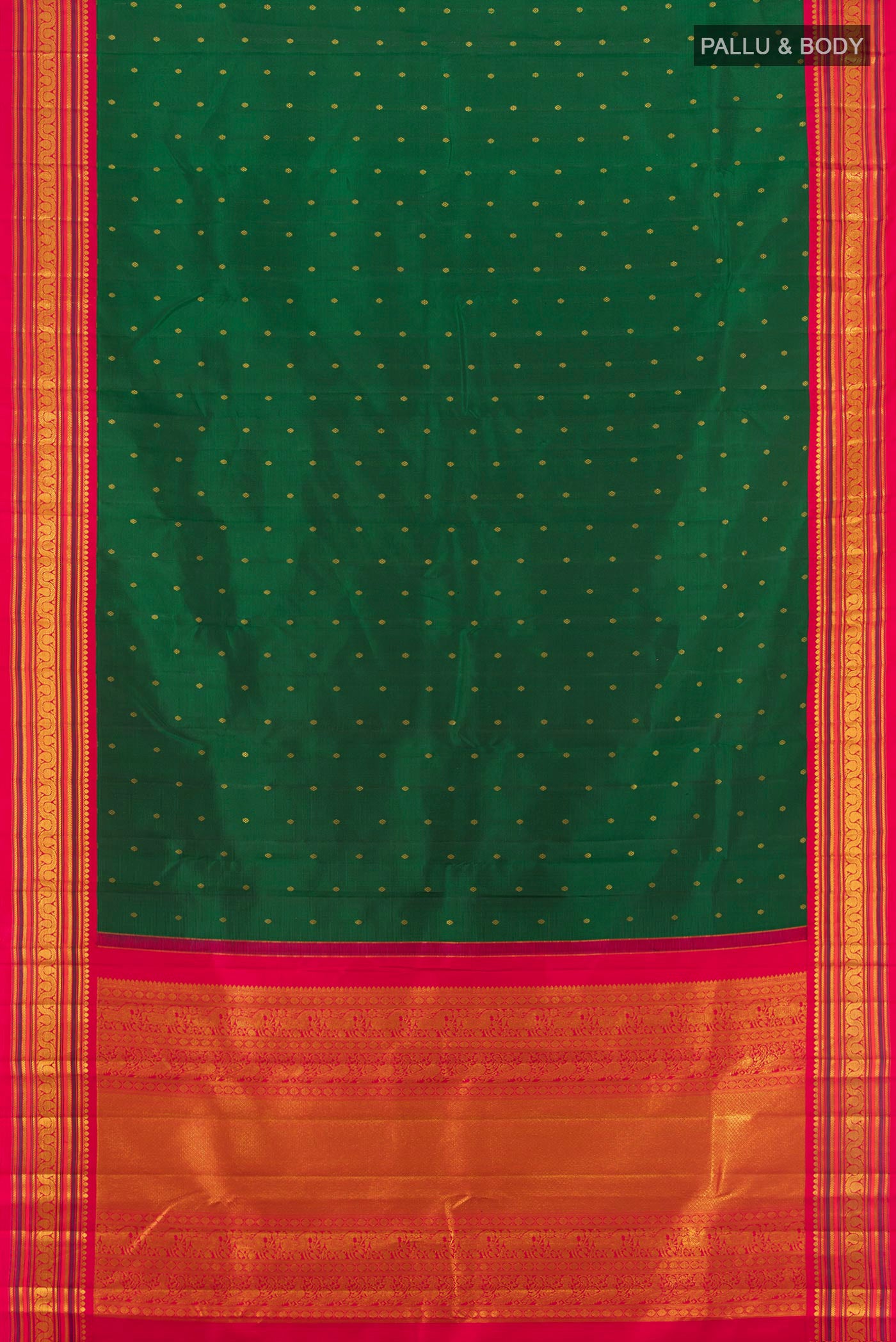 Flat view of Bottle Green Kanchipuram Silk Saree with Zari Butta on the body and Zari Border. 