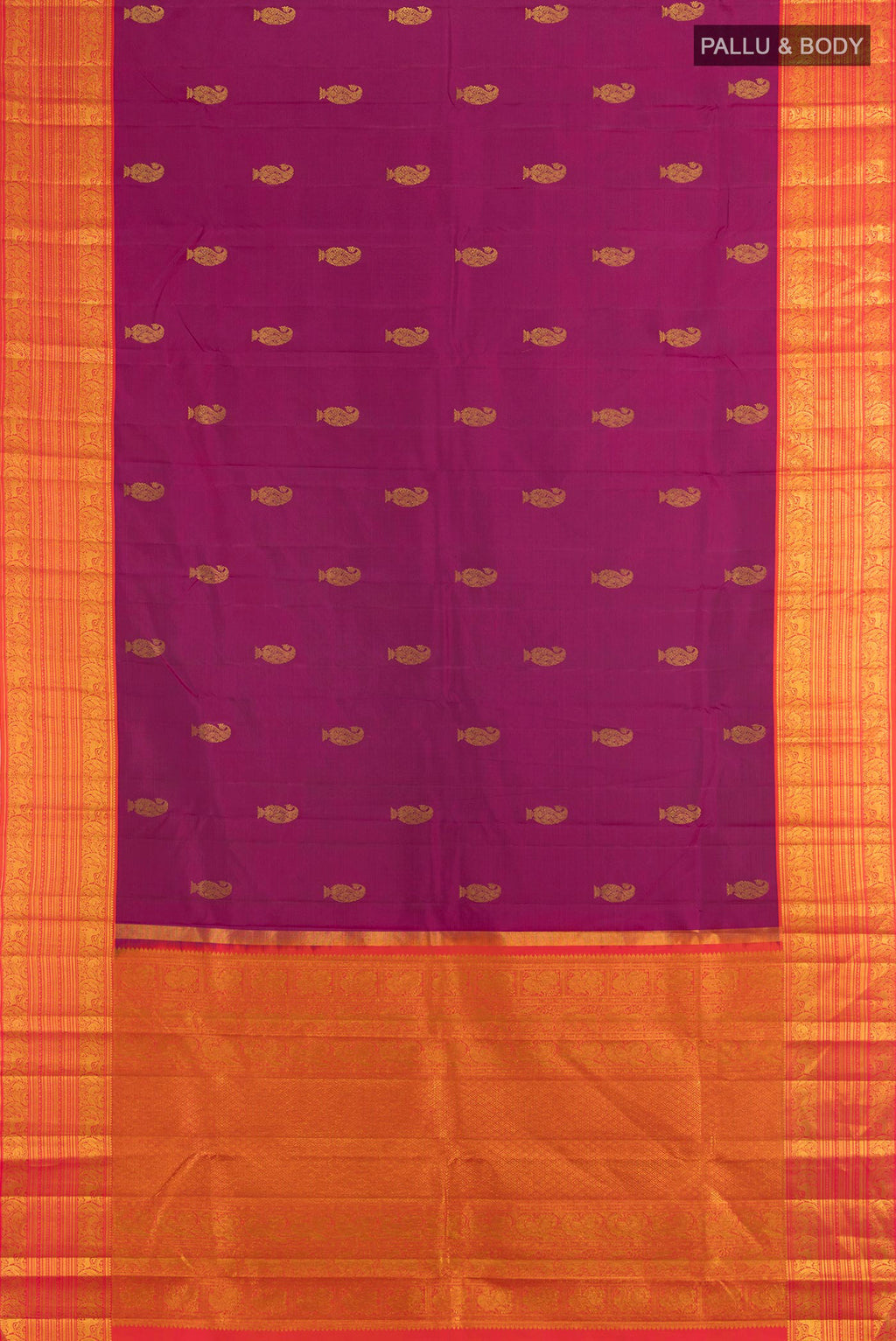 Flat view of Pure Silk Purple Kanchipuram Saree with Zari Butta on the body and Silk Border. 