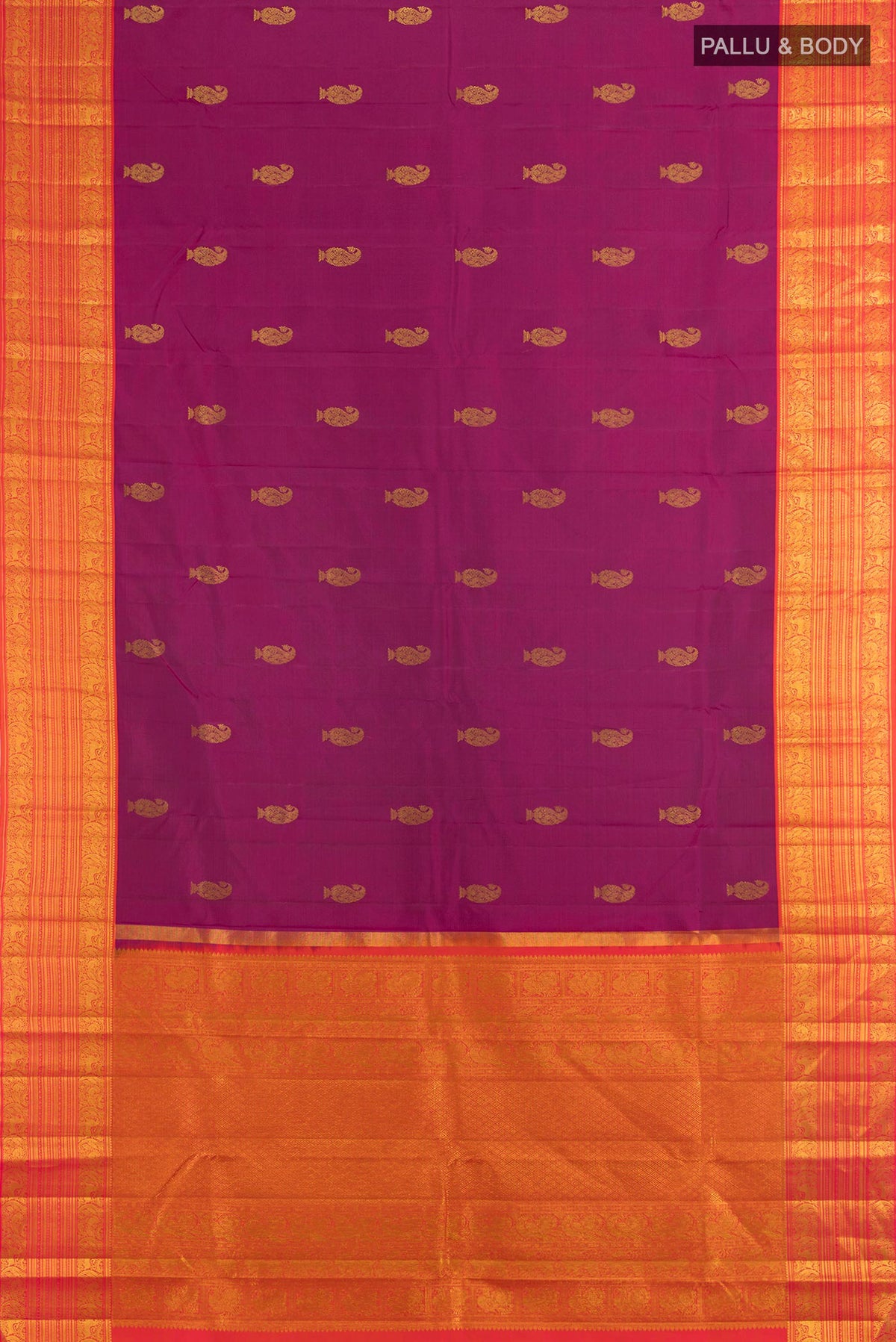 Flat view of Pure Silk Purple Kanchipuram Saree with Zari Butta on the body and Silk Border. 