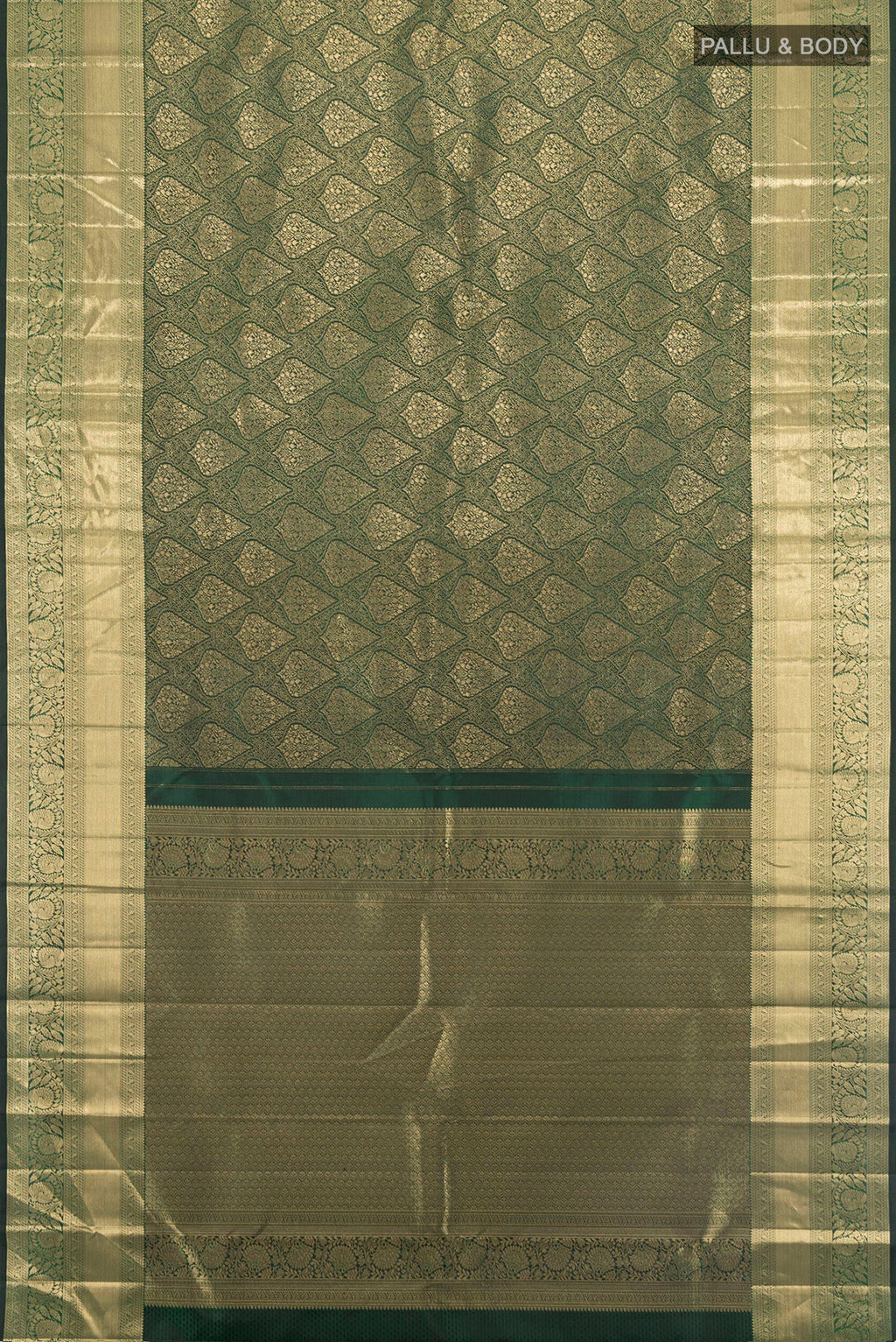 Flat view of Bottle Green Kanchipuram Silk Saree with Zari Brocade on the body and Zari Border. 