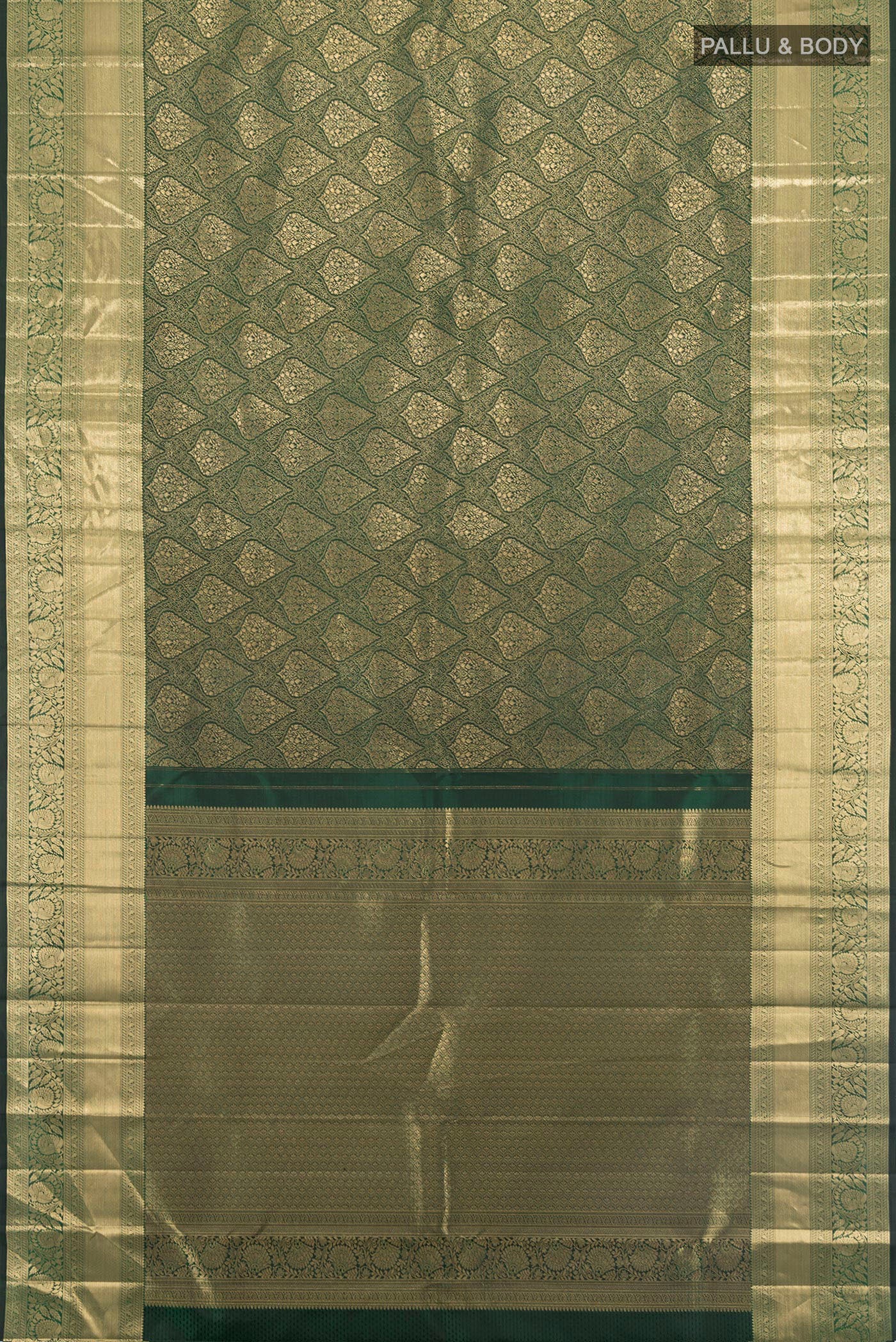 Flat view of Bottle Green Kanchipuram Silk Saree with Zari Brocade on the body and Zari Border. 