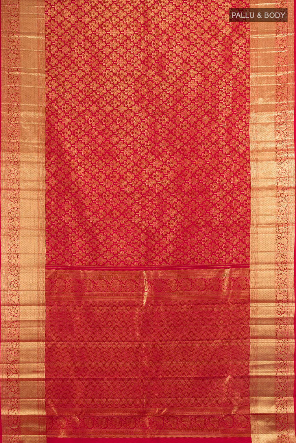 Flat view of Pure Silk Red Kanchipuram Saree with Zari Butta on the body and Silk Border. 