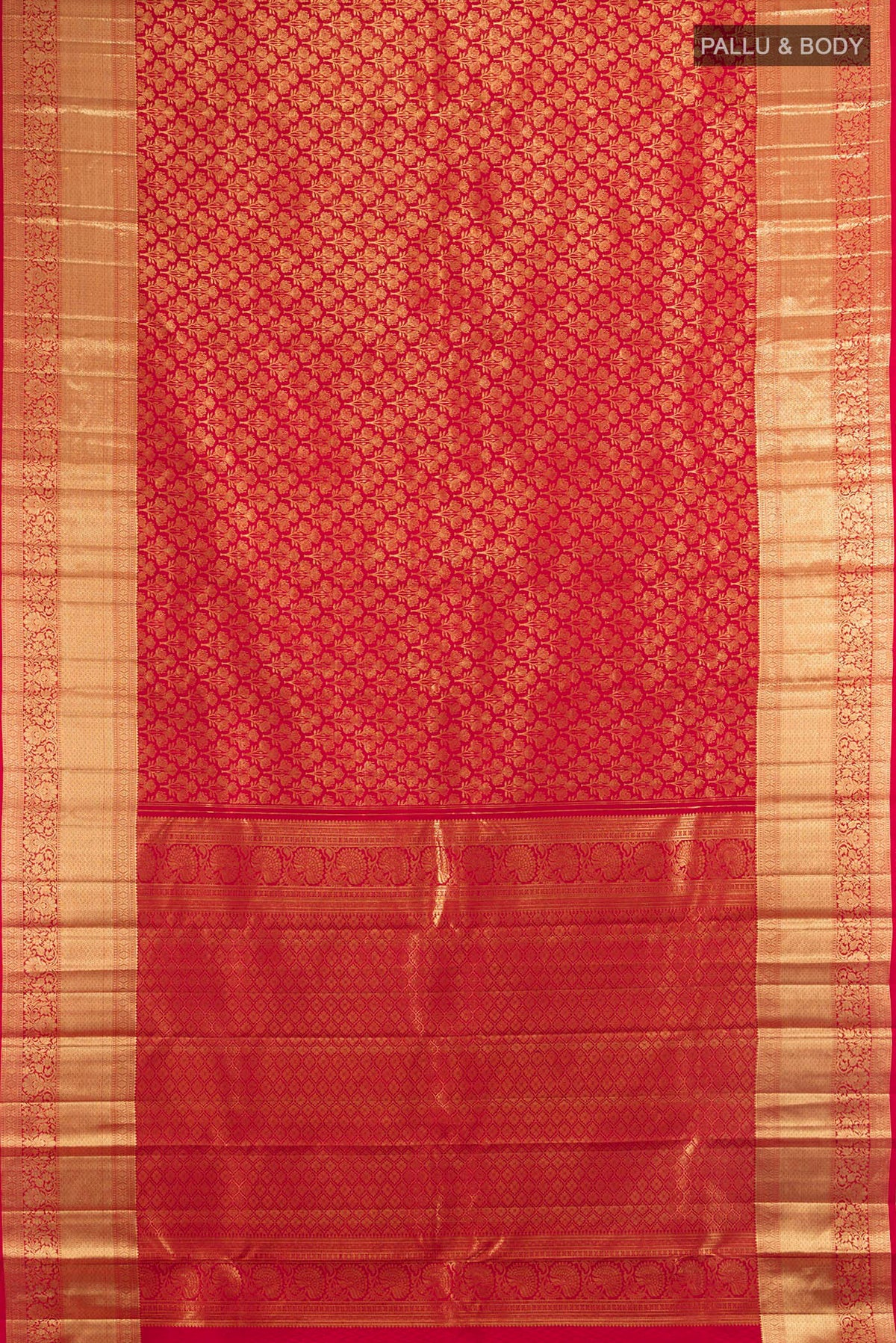 Flat view of Pure Silk Red Kanchipuram Saree with Zari Butta on the body and Silk Border. 