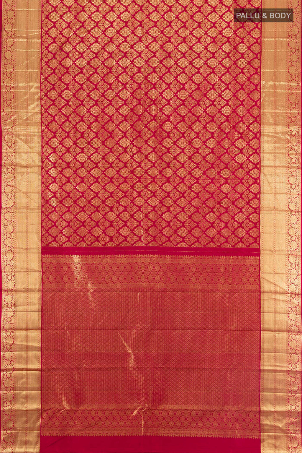 Flat view of Maroon Kanchipuram Silk Saree with Zari Brocade on the body and Zari Border. 