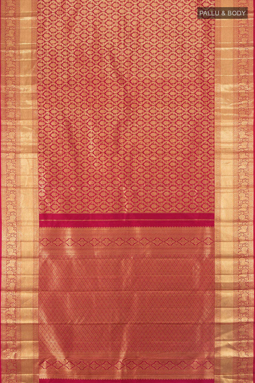 Flat view of Maroon Kanchipuram Silk Saree with Zari Brocade on the body and Zari Border. 