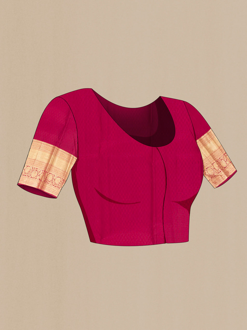 Close up image of the blouse of Pure Silk Maroon Kanchipuram Saree with Zari Brocade on the body and Zari Border. 