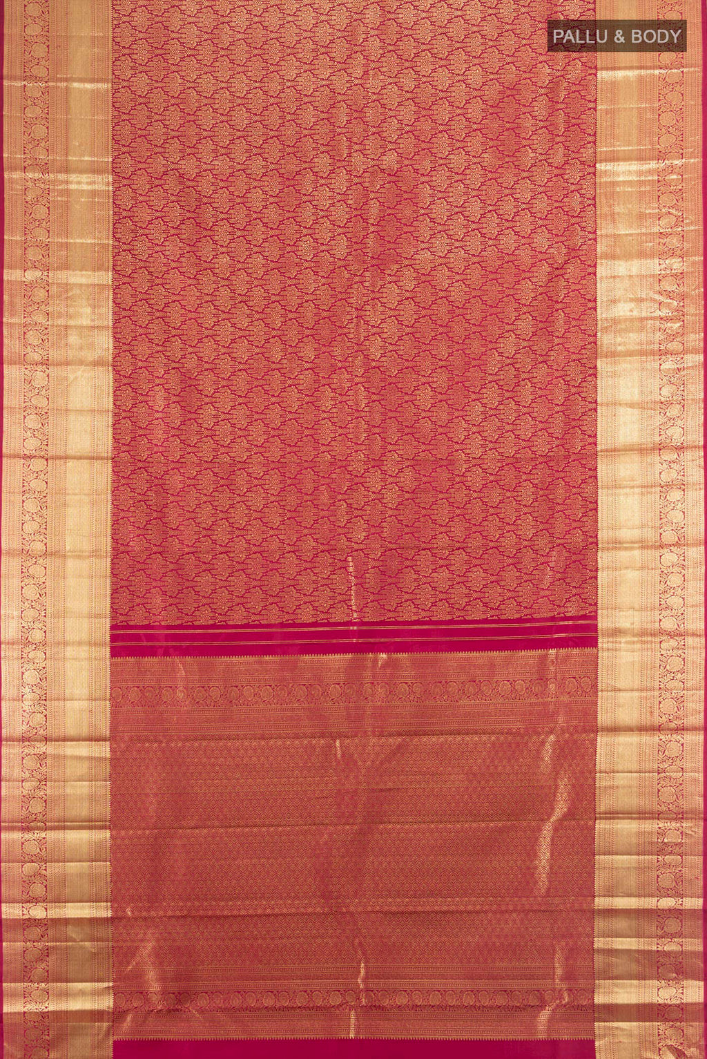 Flat view of Pure Silk Maroon Kanchipuram Saree with Zari Brocade on the body and Zari Border. 