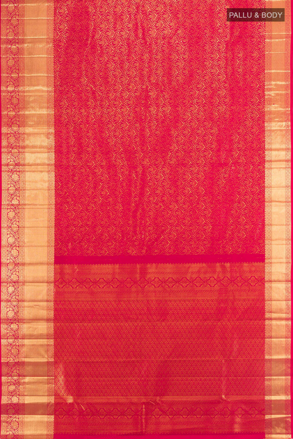 Flat view of Dark Pink Kanchipuram Silk Saree with Zari Butta on the body and Zari Border. 