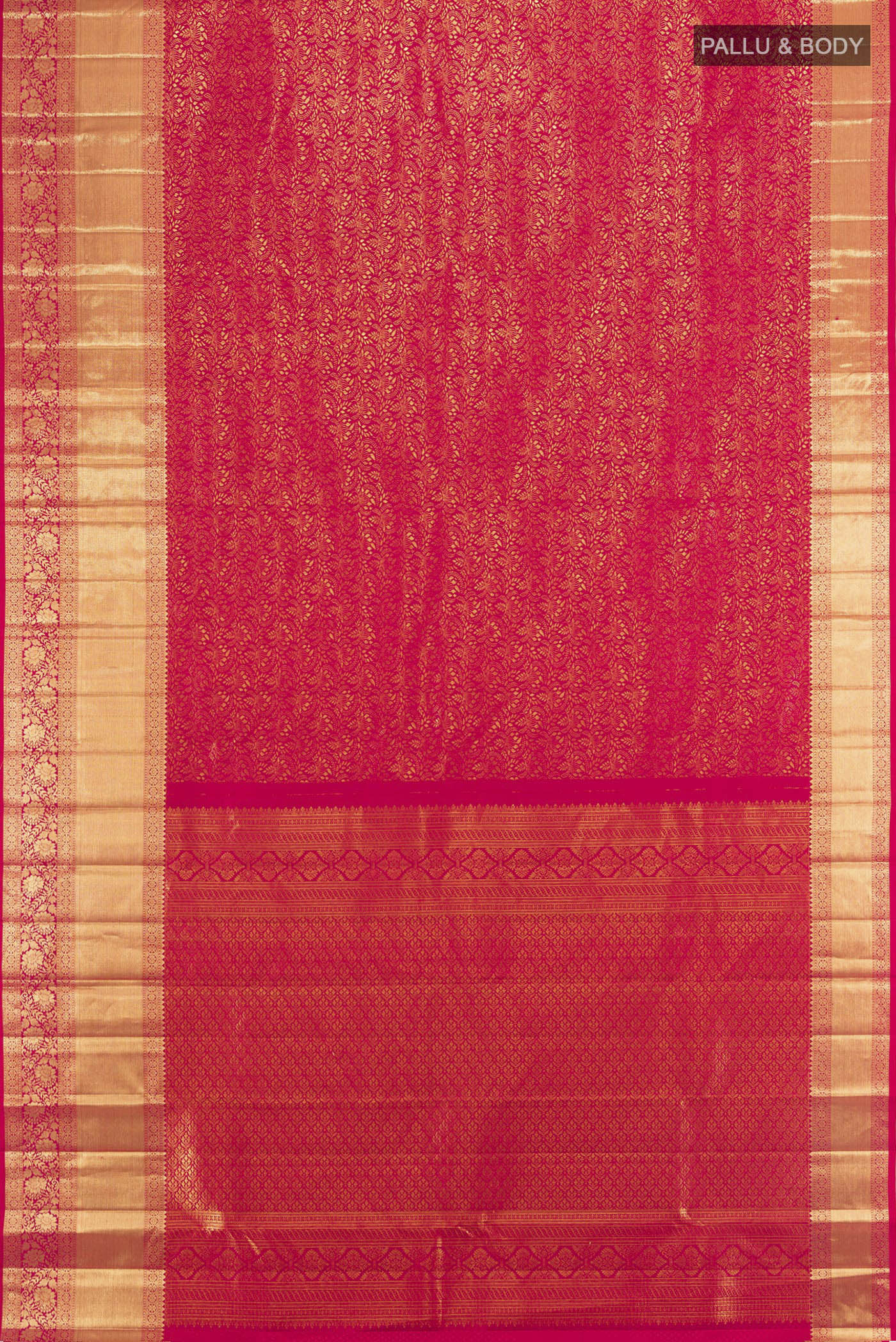 Flat view of Dark Pink Kanchipuram Silk Saree with Zari Butta on the body and Zari Border. 