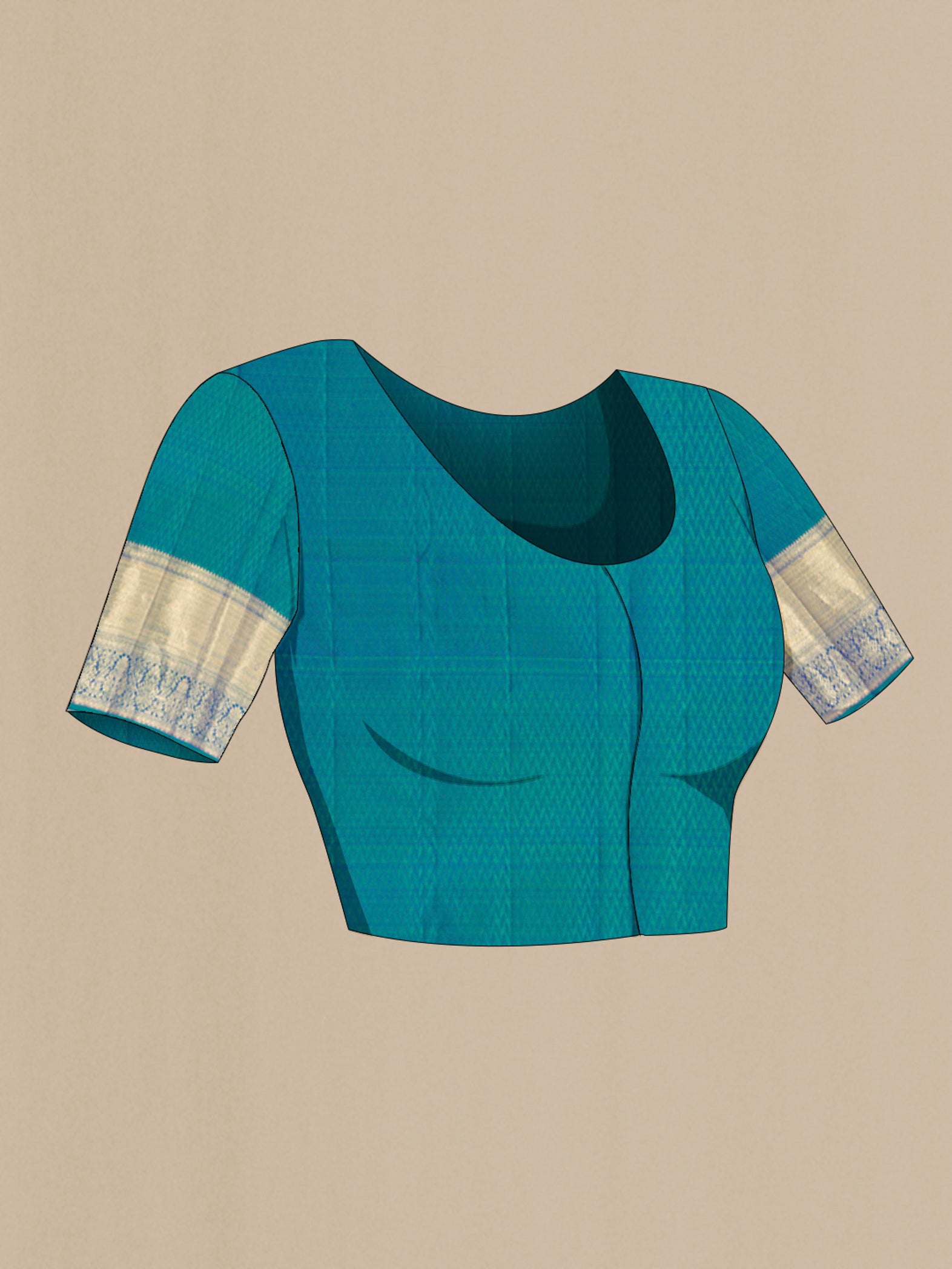 Close up image of the blouse of Peacock Blue Dual Tone Kanchipuram Silk Saree with Zari Brocade on the body and Zari Border. 
