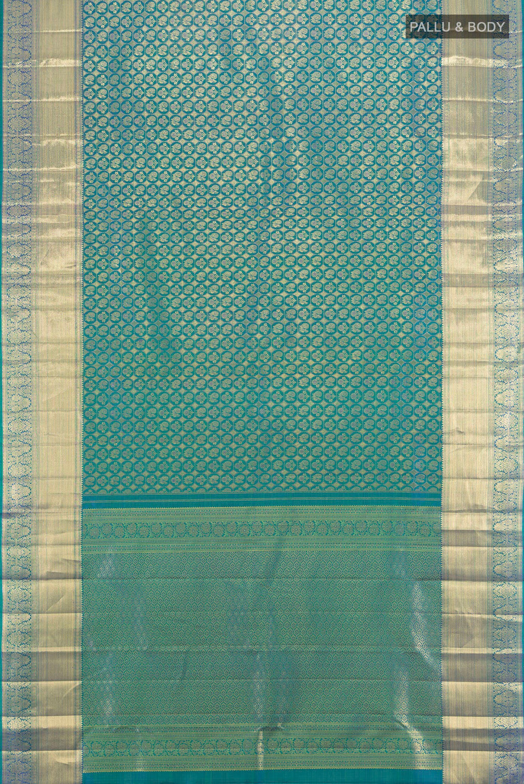 Flat view of Peacock Blue Dual Tone Kanchipuram Silk Saree with Zari Brocade on the body and Zari Border. 