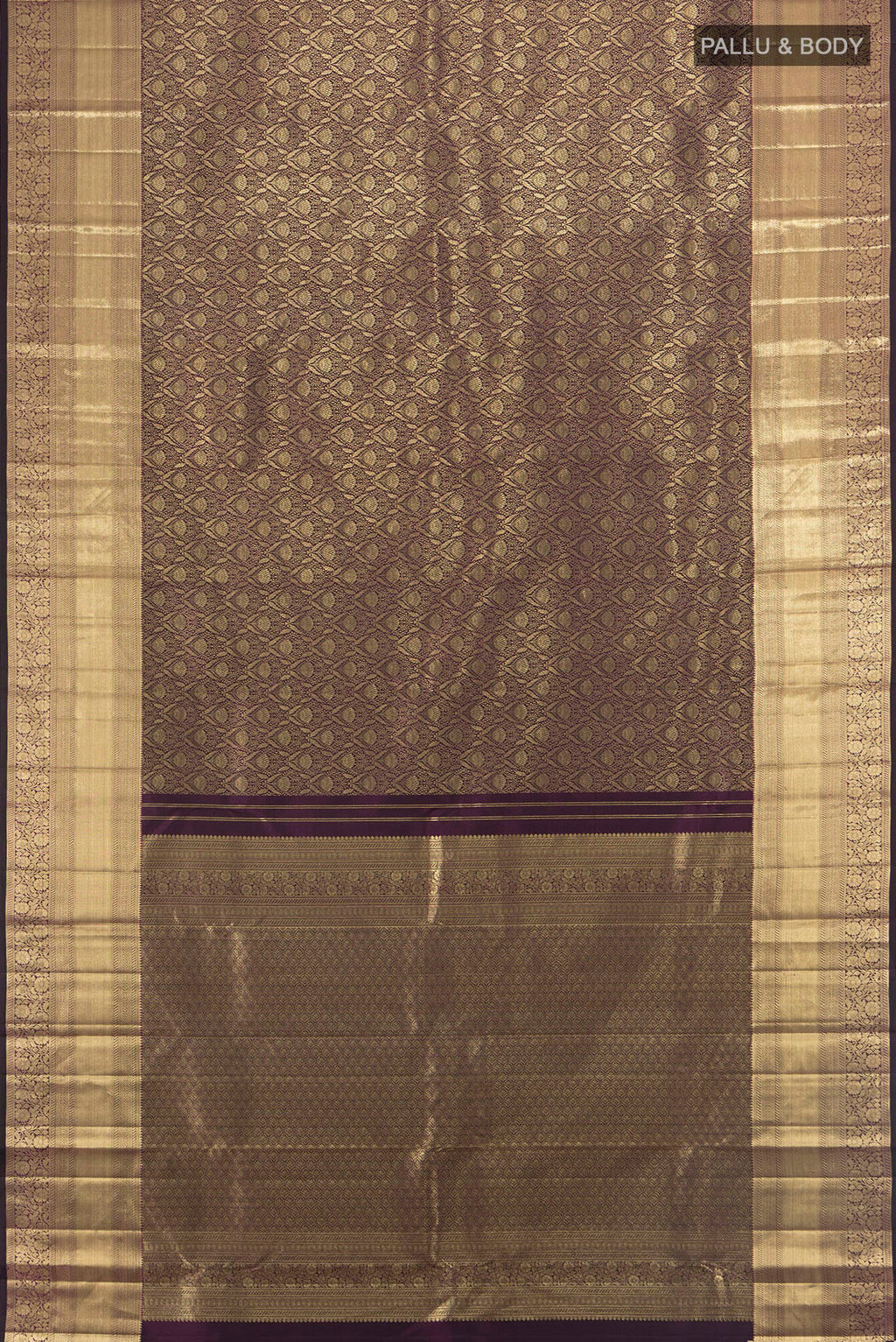 Flat view of Purple Kanchipuram Silk Saree with Zari Brocade on the body and Zari Border. 