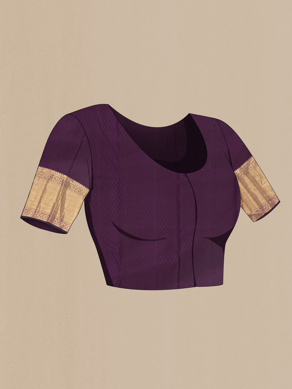 Close up image of the blouse of Violet Kanchipuram Silk Saree with Zari Brocade on the body and Zari Border. 