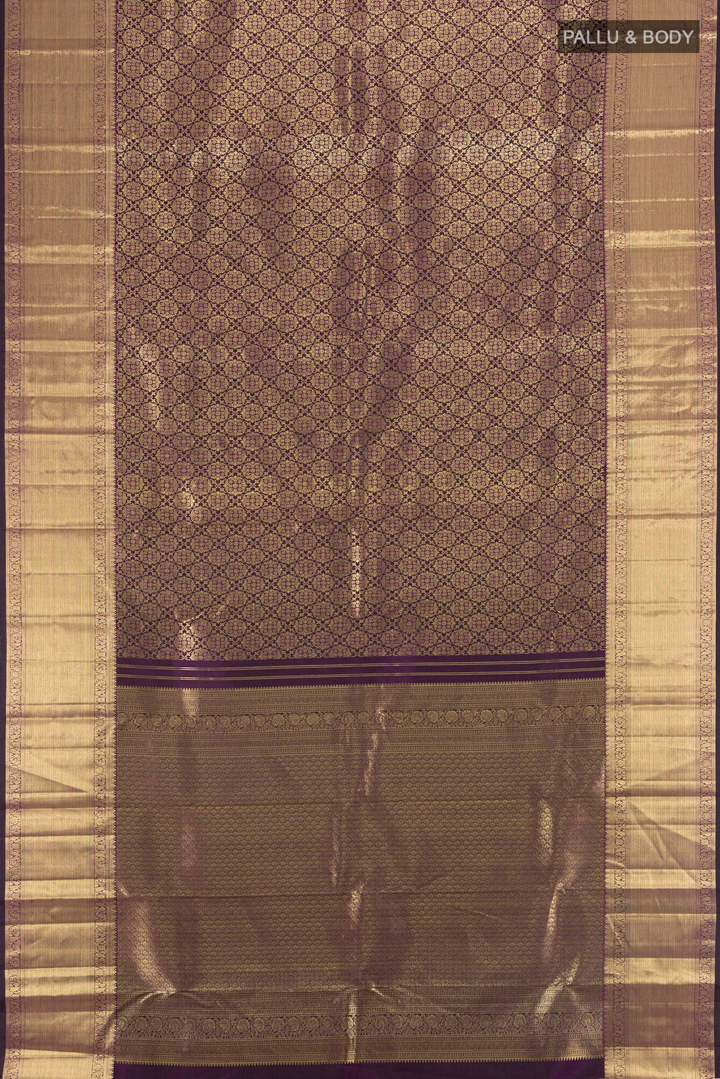 Flat view of Violet Kanchipuram Silk Saree with Zari Brocade on the body and Zari Border. 