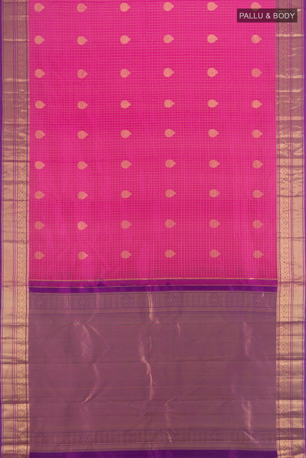 Flat view of Rose pink Kanjivaram Silk Saree with Checked design on the body and Zari Border. 