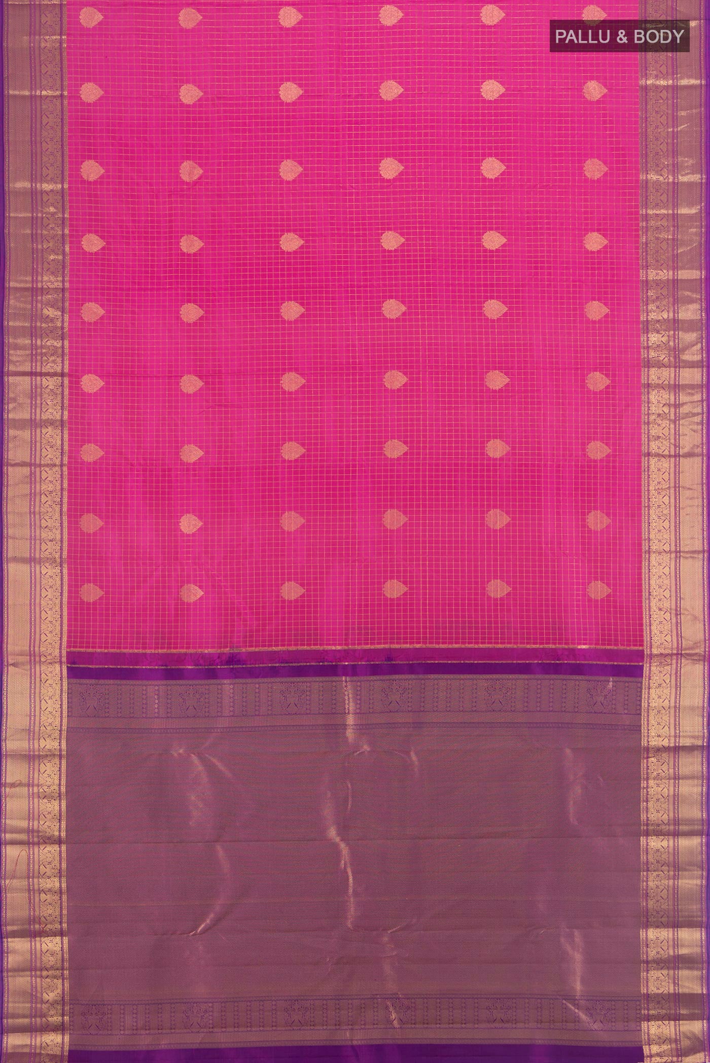 Flat view of Rose pink Kanjivaram Silk Saree with Checked design on the body and Zari Border. 