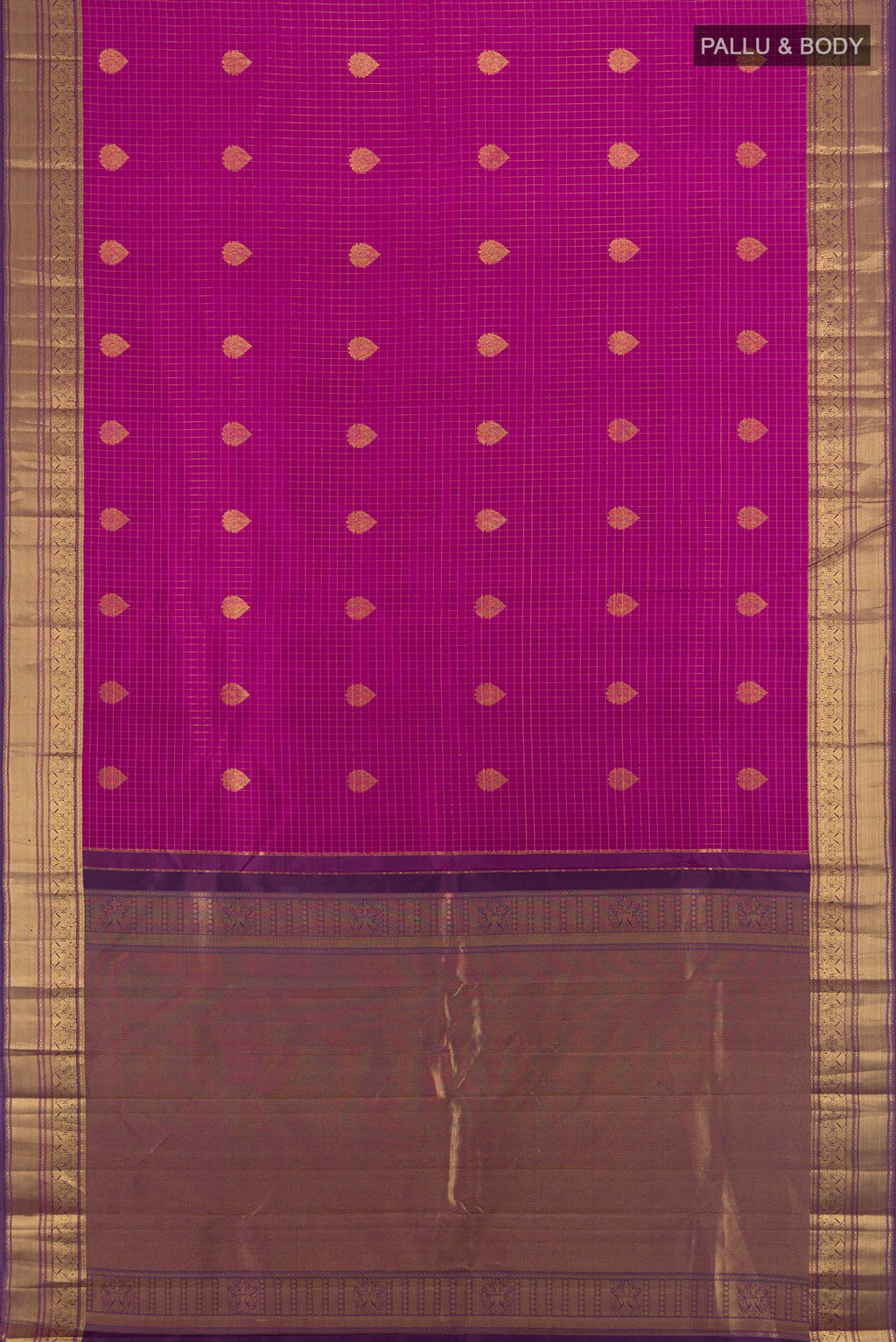 Flat view of Pure Silk Magenta Kanjivaram Saree with Checked design on the body and Zari Border. 