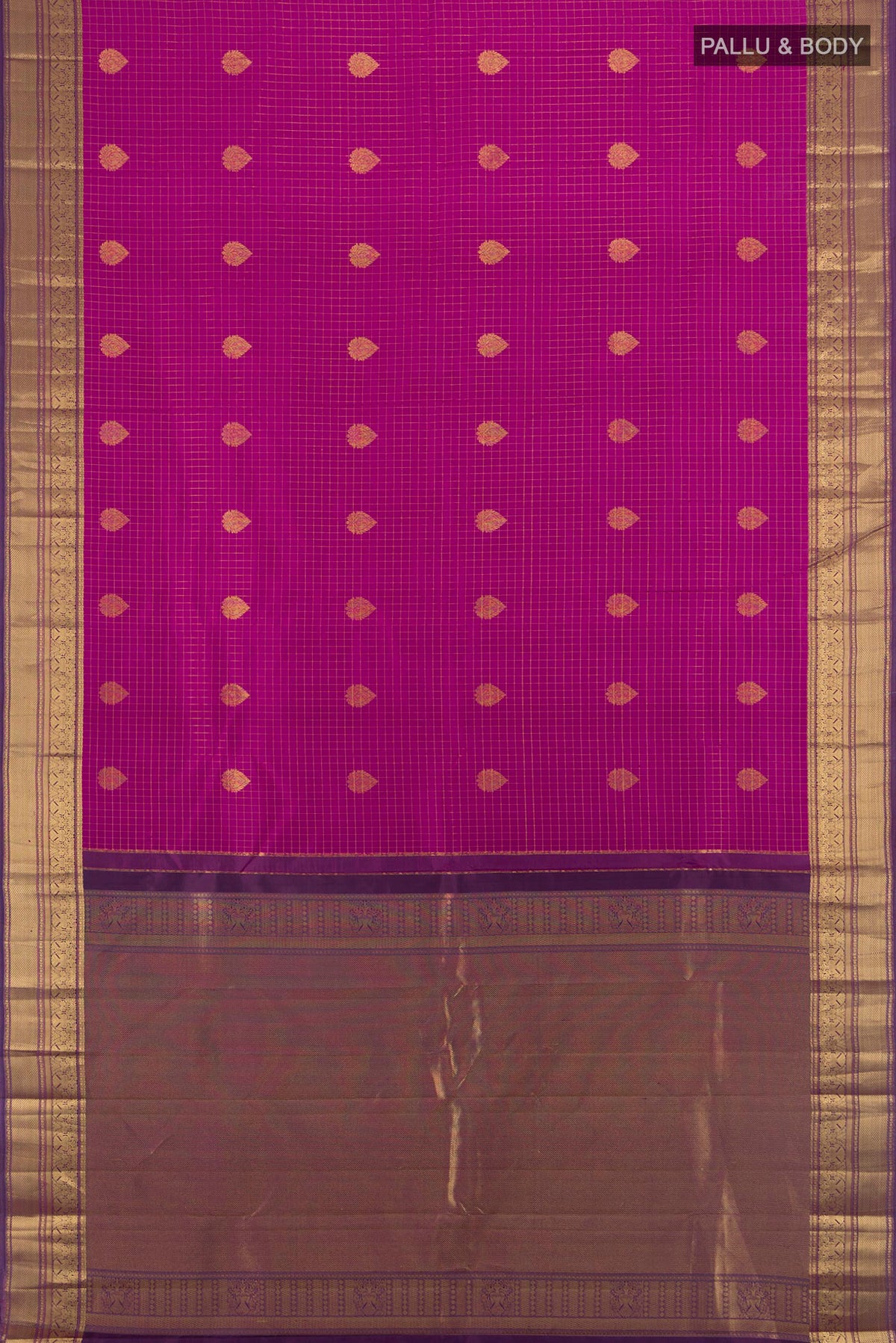 Flat view of Pure Silk Magenta Kanjivaram Saree with Checked design on the body and Zari Border. 