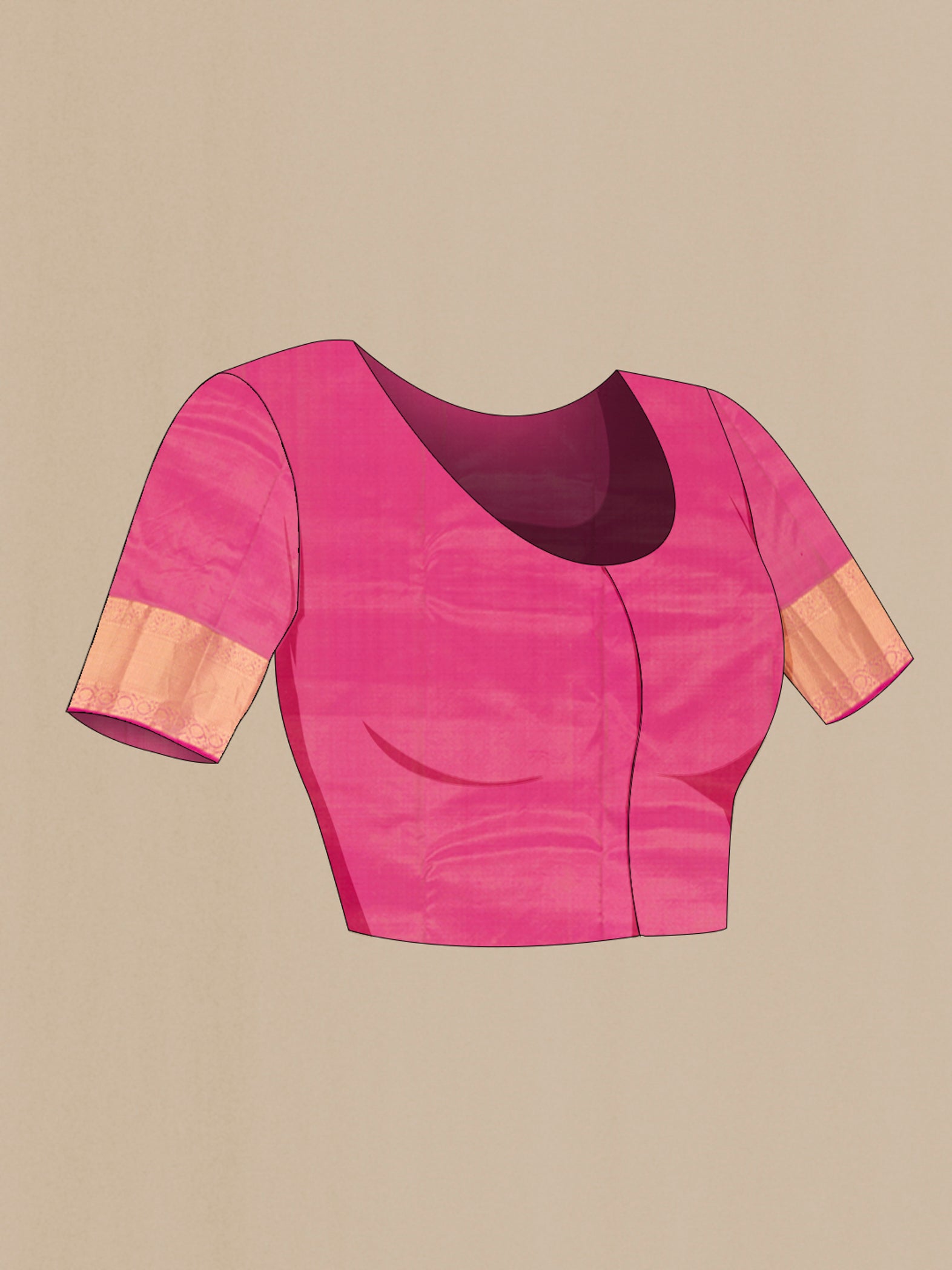 Close up image of the blouse of Sandal Kanjivaram Silk Saree with Zari Butta on the body and Zari Border. 